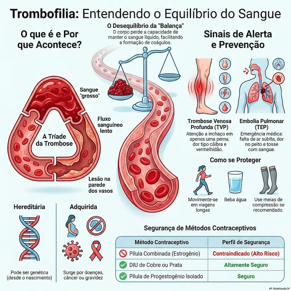 Infográfico completo sobre Trombofilia: Tríade de Virchow, tipos hereditários e adquiridos, sinais de alerta e prevenção