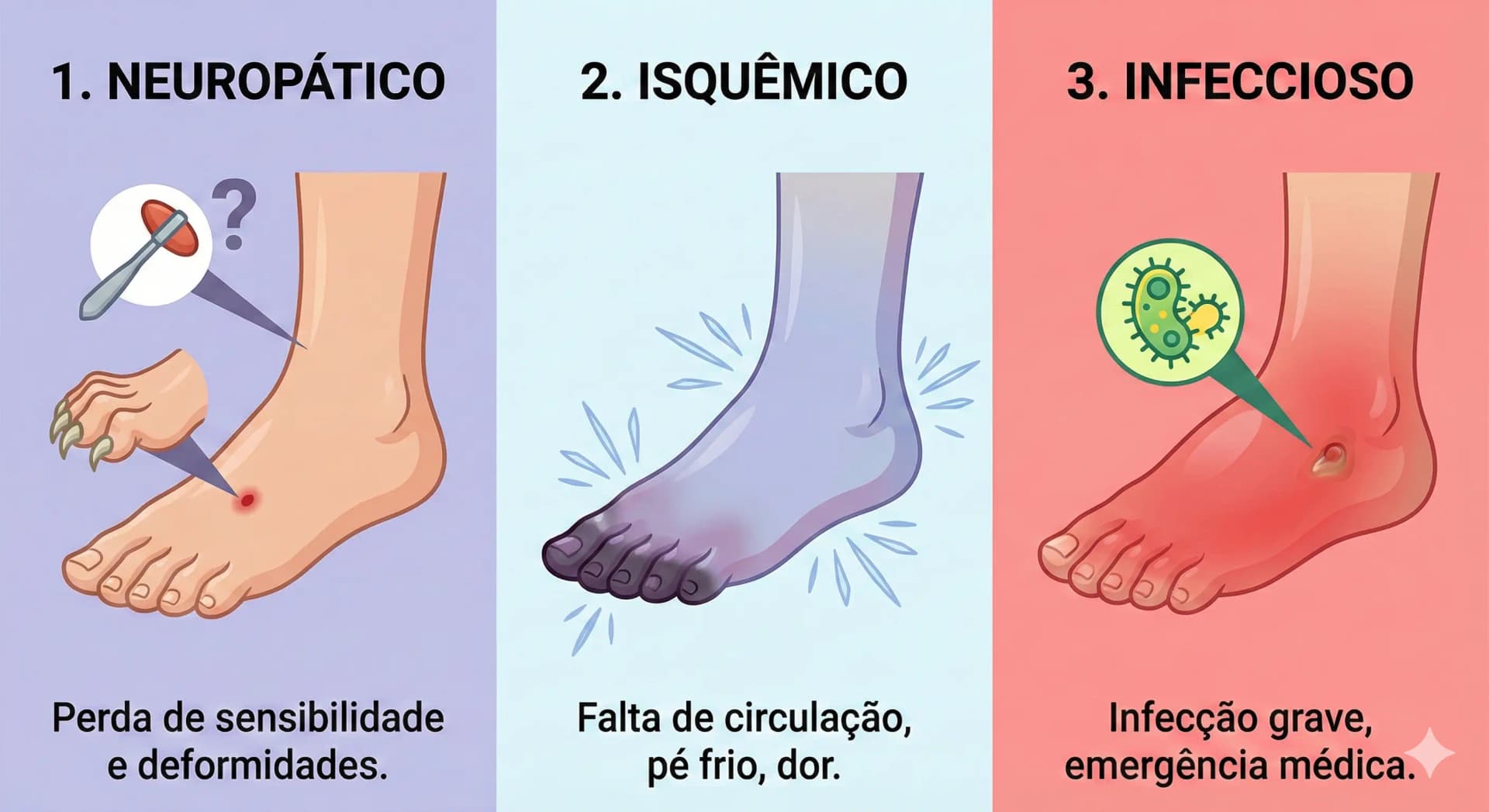 Tipos: Neuropático, Isquêmico e Infeccioso