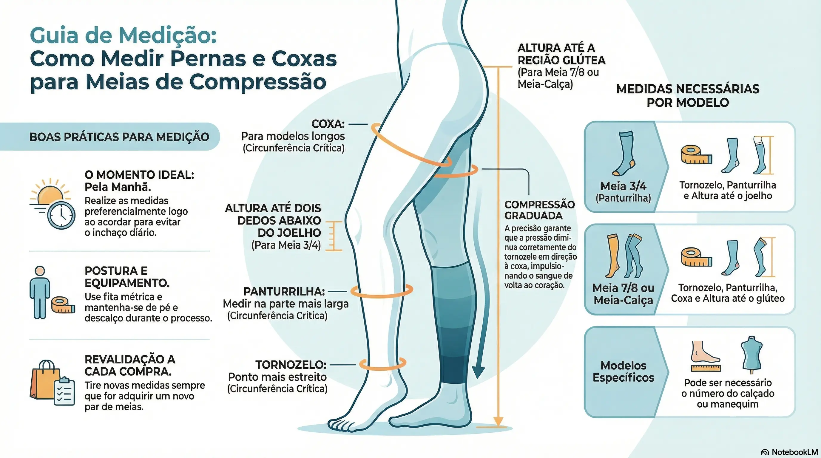 Infográfico Guia de Medição: Como medir pernas e coxas para meias de compressão