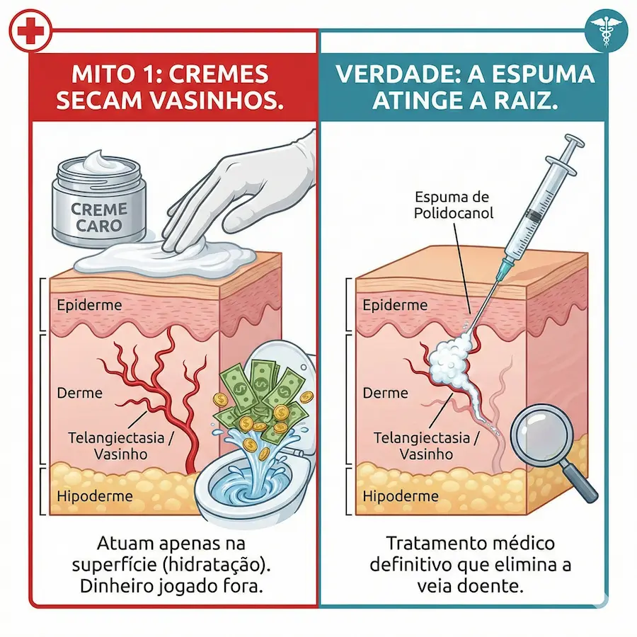 Mito 1: Cremes não secam vasinhos - atuam apenas na superfície da pele