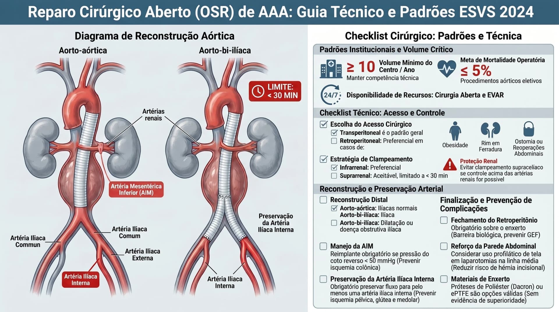 Infográfico sobre cirurgia aberta (OSR) no reparo eletivo do AAA — ESVS 2024
