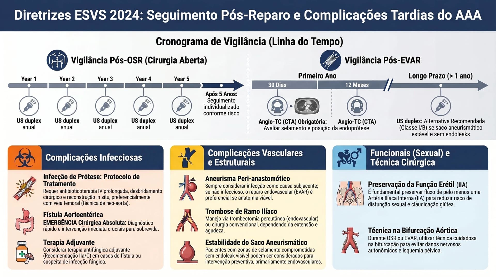 Infográfico sobre seguimento pós-reparo e complicações vasculares do AAA — ESVS 2024