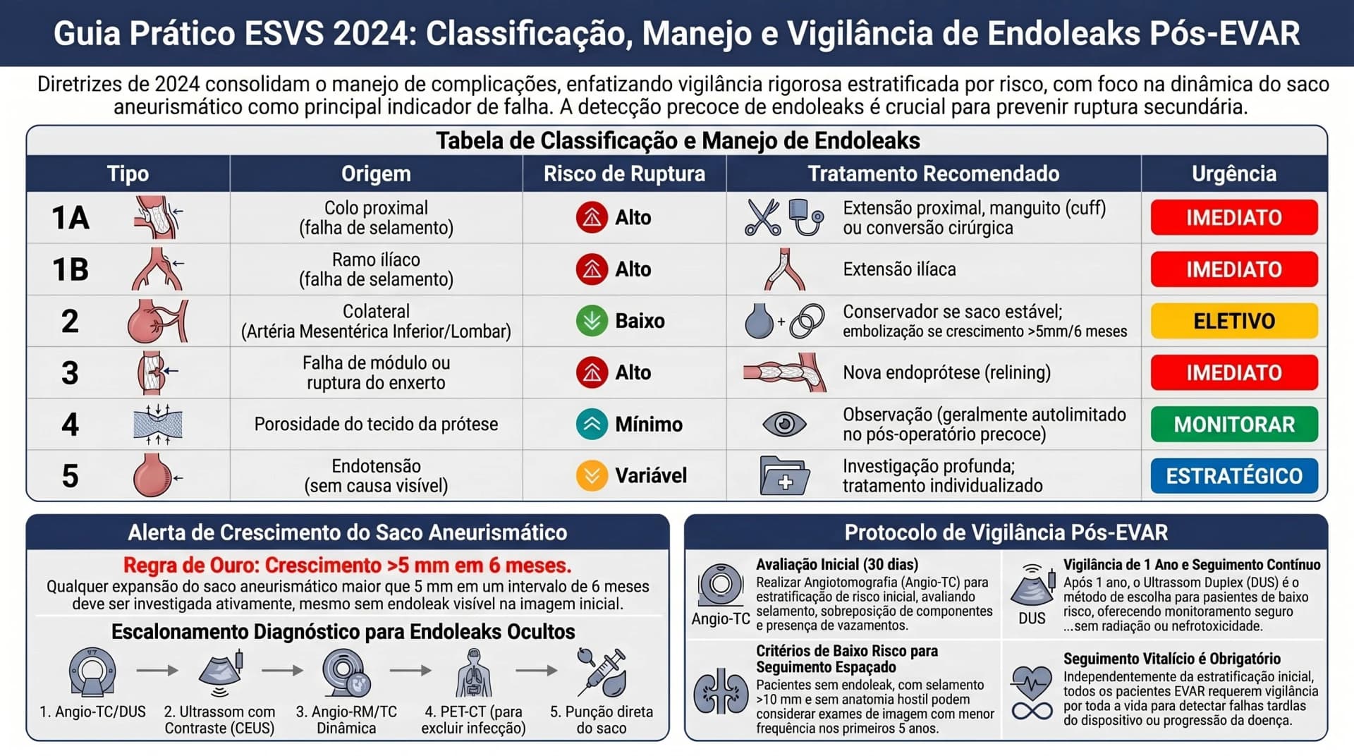 Infográfico sobre classificação, manejo e vigilância dos endoleaks após EVAR — ESVS 2024