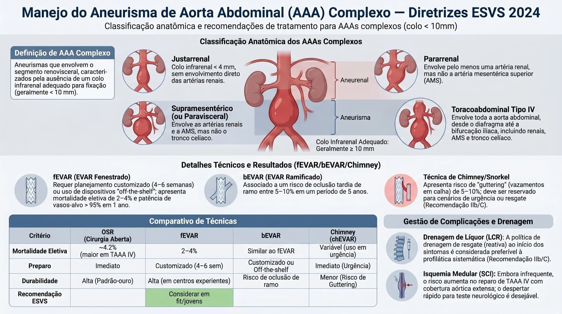 Infográfico sobre AAA complexo: fEVAR, bEVAR e cirurgia pararrenal — ESVS 2024
