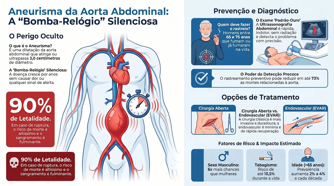 Infográfico: Aneurisma de Aorta Abdominal — 90% de letalidade na ruptura, fatores de risco, rastreamento e opções de tratamento cirurgia aberta vs. EVAR