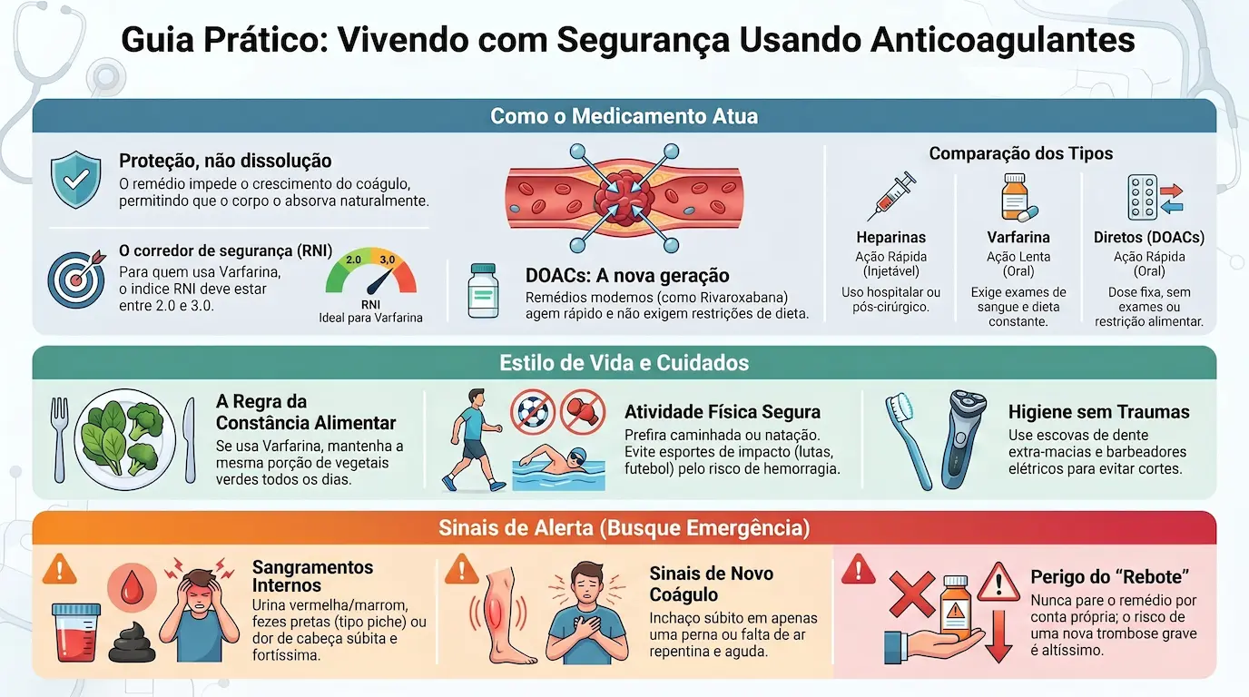 Infográfico: Guia Prático para Viver com Segurança Usando Anticoagulantes — como o medicamento atua, estilo de vida e sinais de alerta