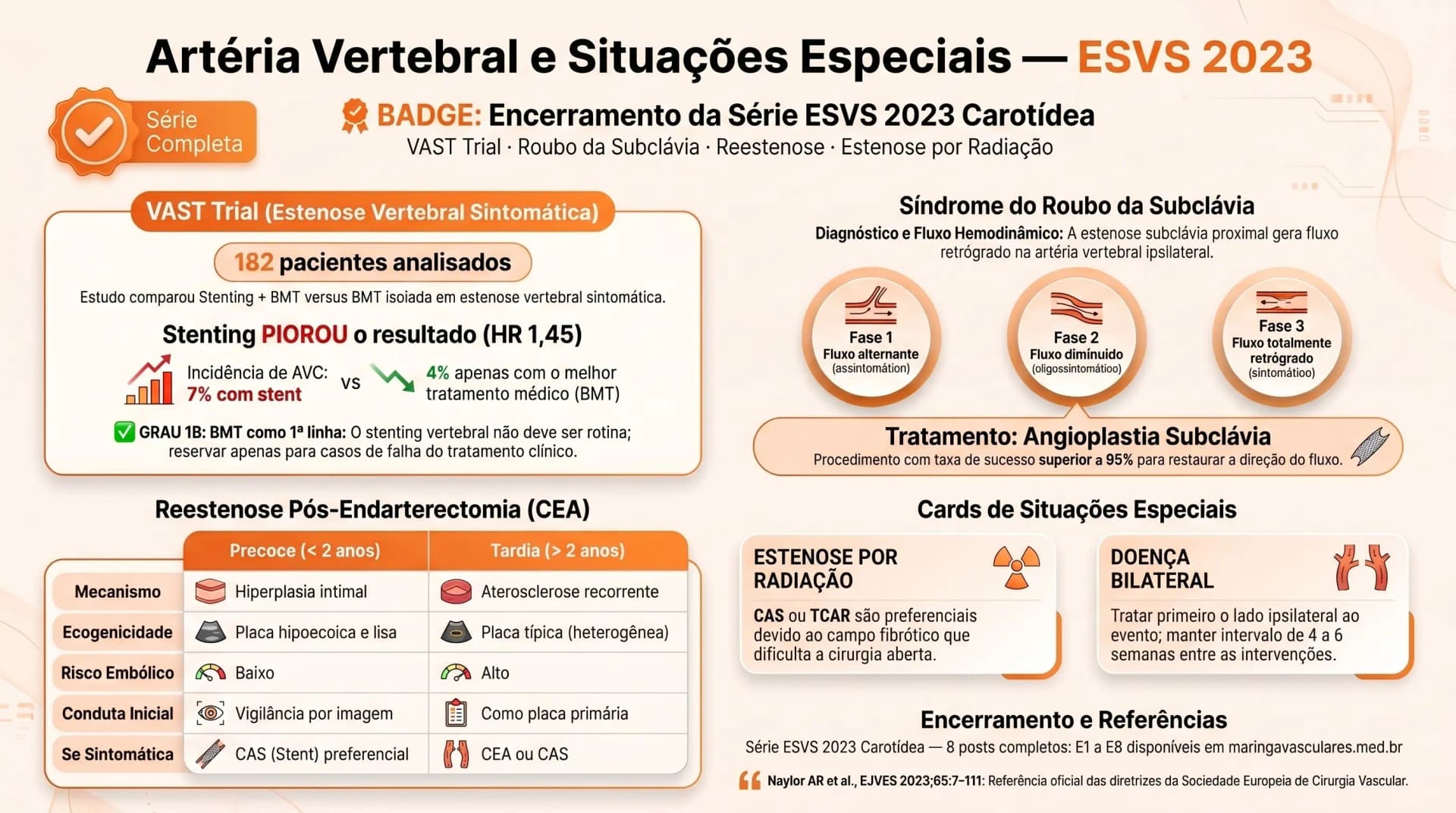 Infográfico: artéria vertebral, reestenose e situações especiais — ESVS 2023 — encerramento da série