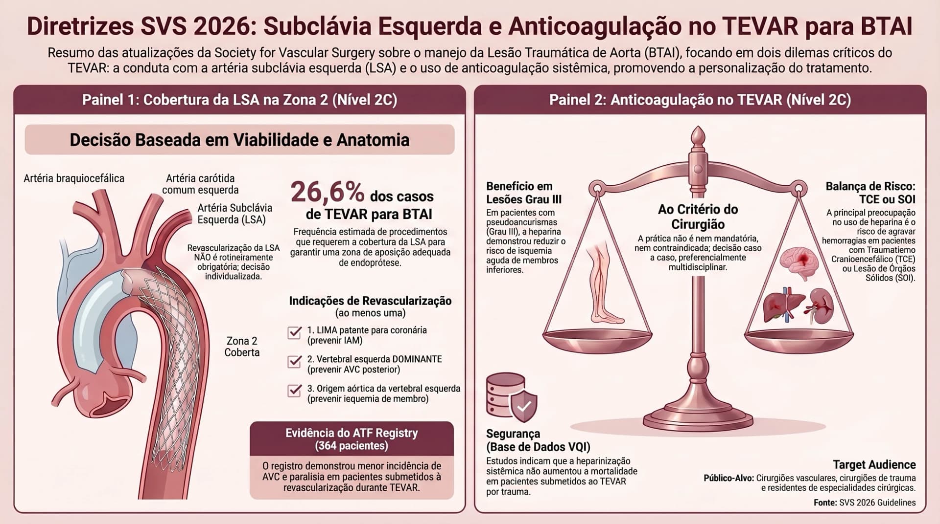 Infográfico SVS 2026 — BTAI: Artéria Subclávia Esquerda e Anticoagulação Intraoperatória no TEVAR
