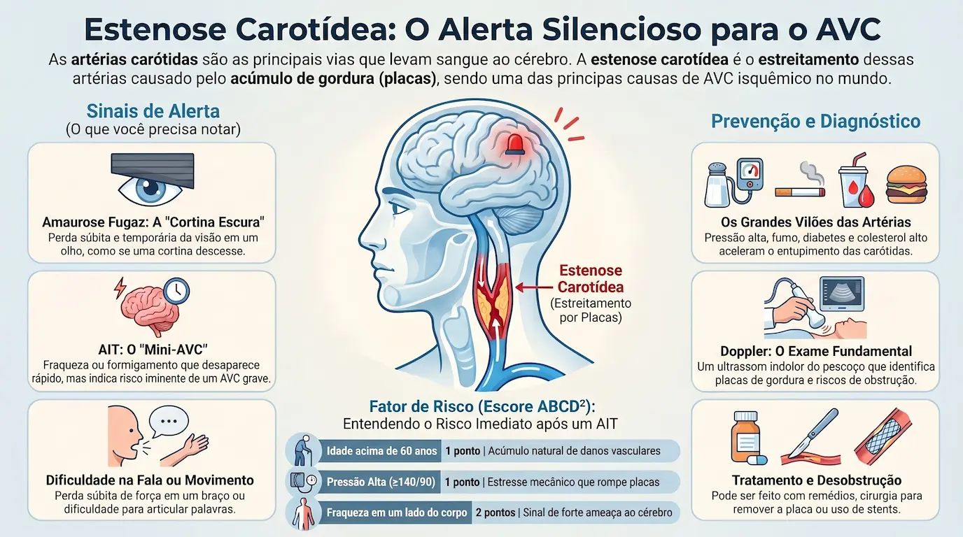 Infográfico Estenose Carotídea: sinais de alerta (amaurose fugaz, AIT, dificuldade de fala), Escore ABCD², Ecodoppler e opções de tratamento — endarterectomia e stent