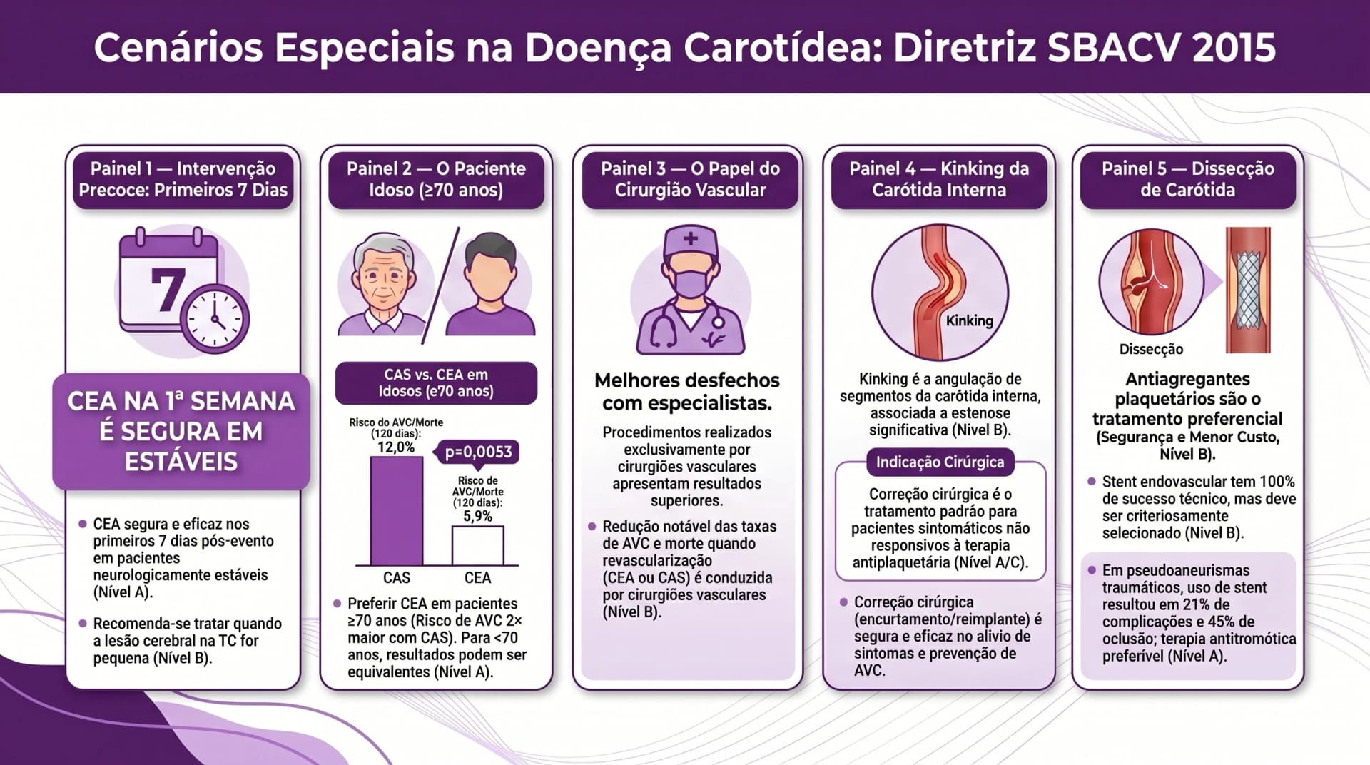 Infográfico SBACV 2015 — Doença Carotídea: Cenários Especiais — Timing, Idosos, Kinking e Dissecção
