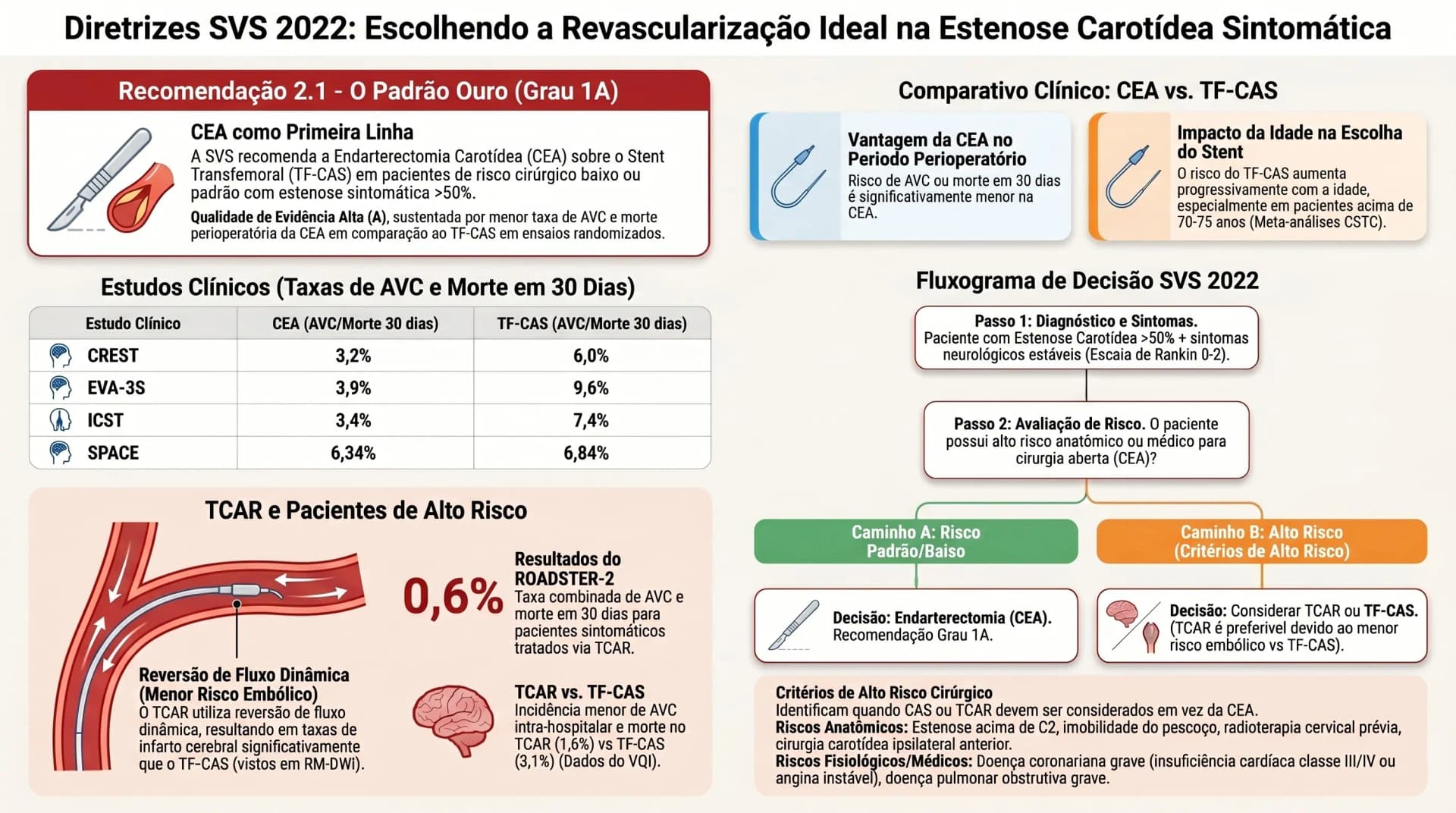 Infográfico: CEA vs stenting carotídeo TF-CAS vs TCAR — SVS DCV 2022 G2