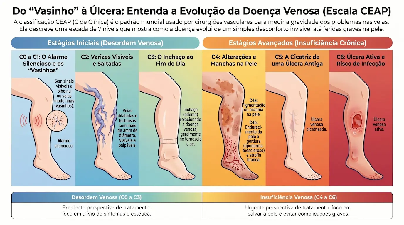 Escala CEAP da doença venosa: infográfico mostrando a evolução de C0 (sem sinais visíveis) a C6 (úlcera venosa ativa), com ilustrações de cada estágio nas pernas — vasinhos, varizes, edema, alterações de pele e úlcera