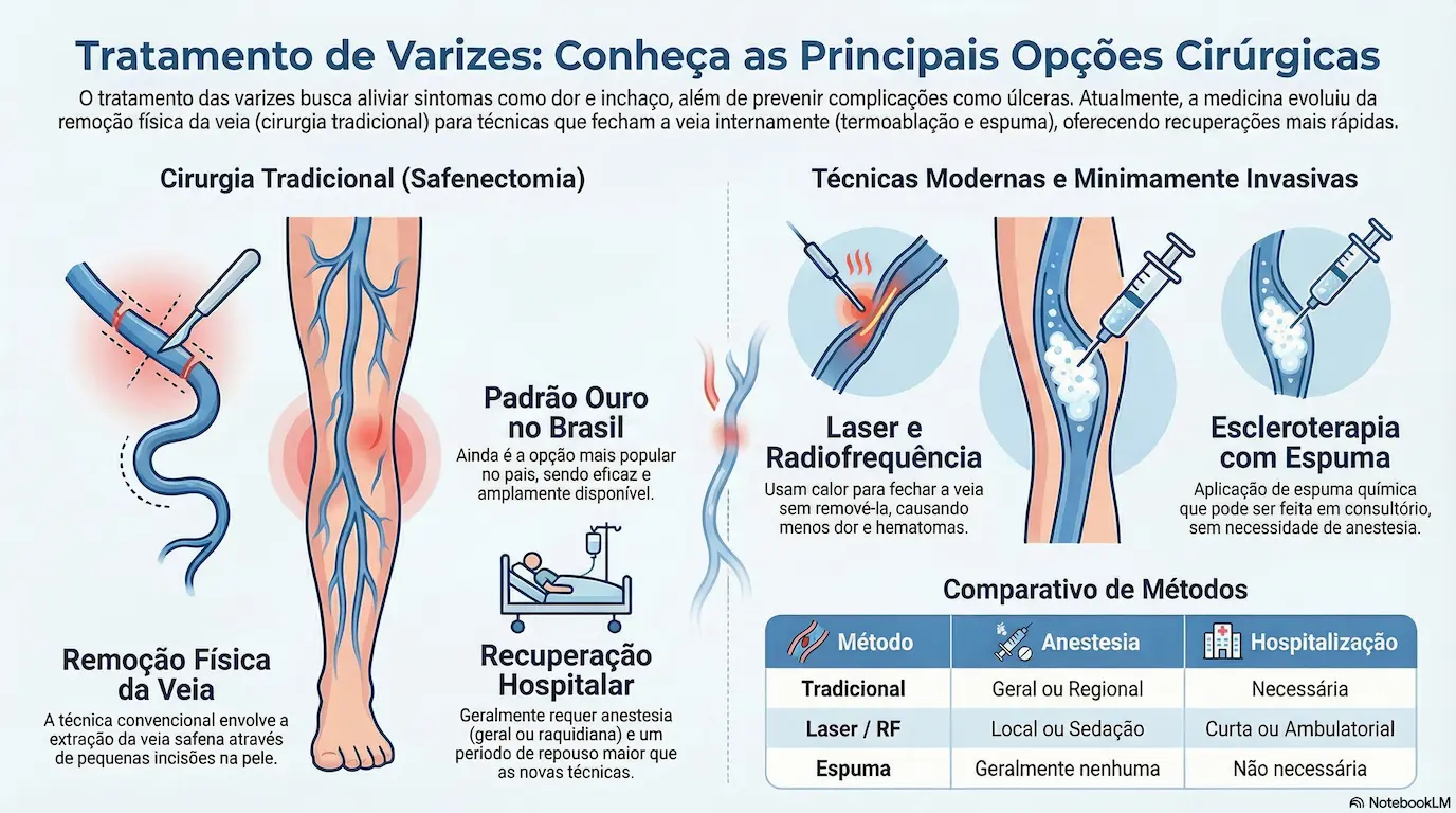 Infográfico comparativo das técnicas de tratamento de varizes: cirurgia tradicional, laser, radiofrequência e espuma