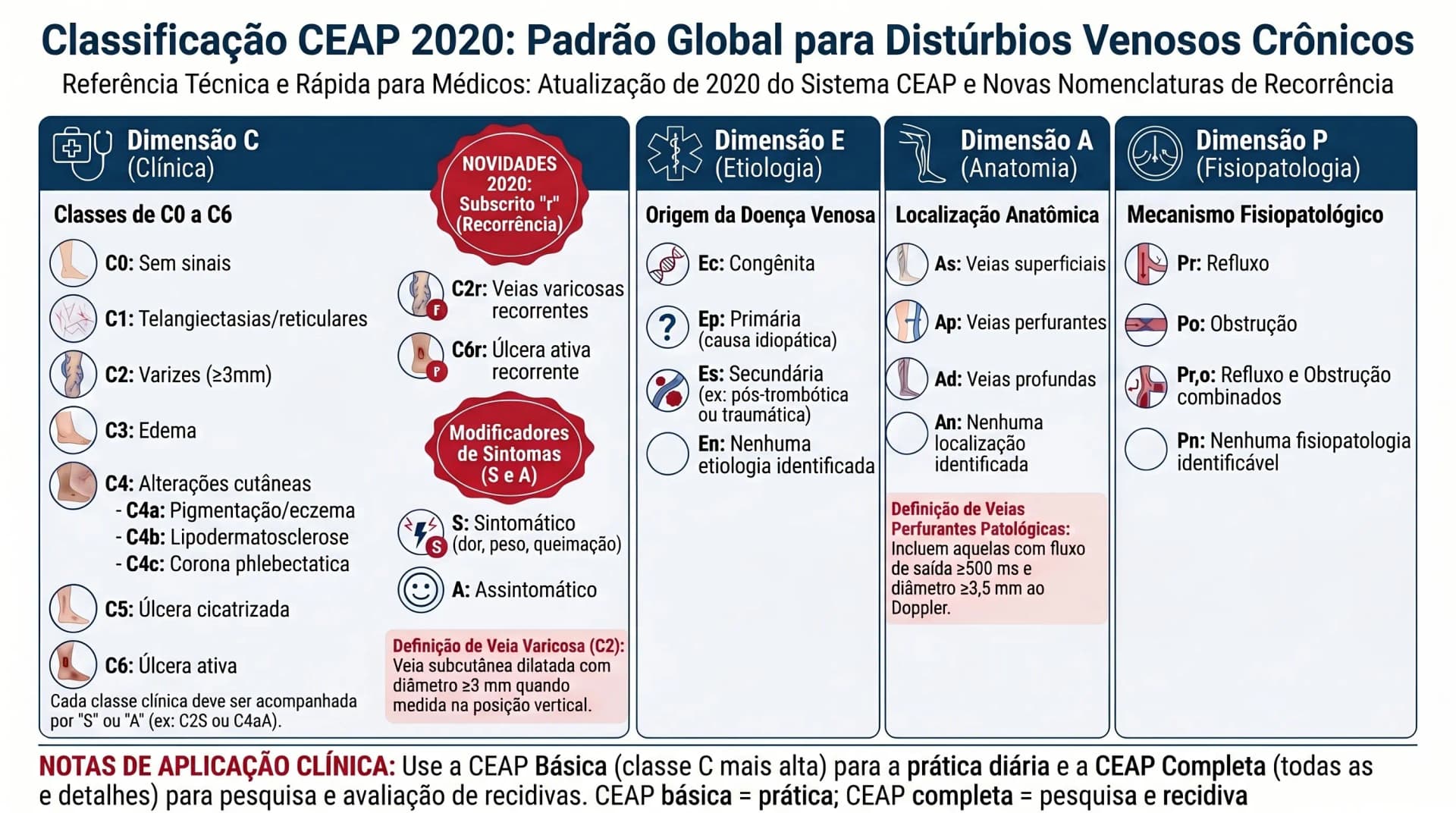 Infográfico da Classificação CEAP 2020 — C0 a C6r, C4c e componentes E, A, P