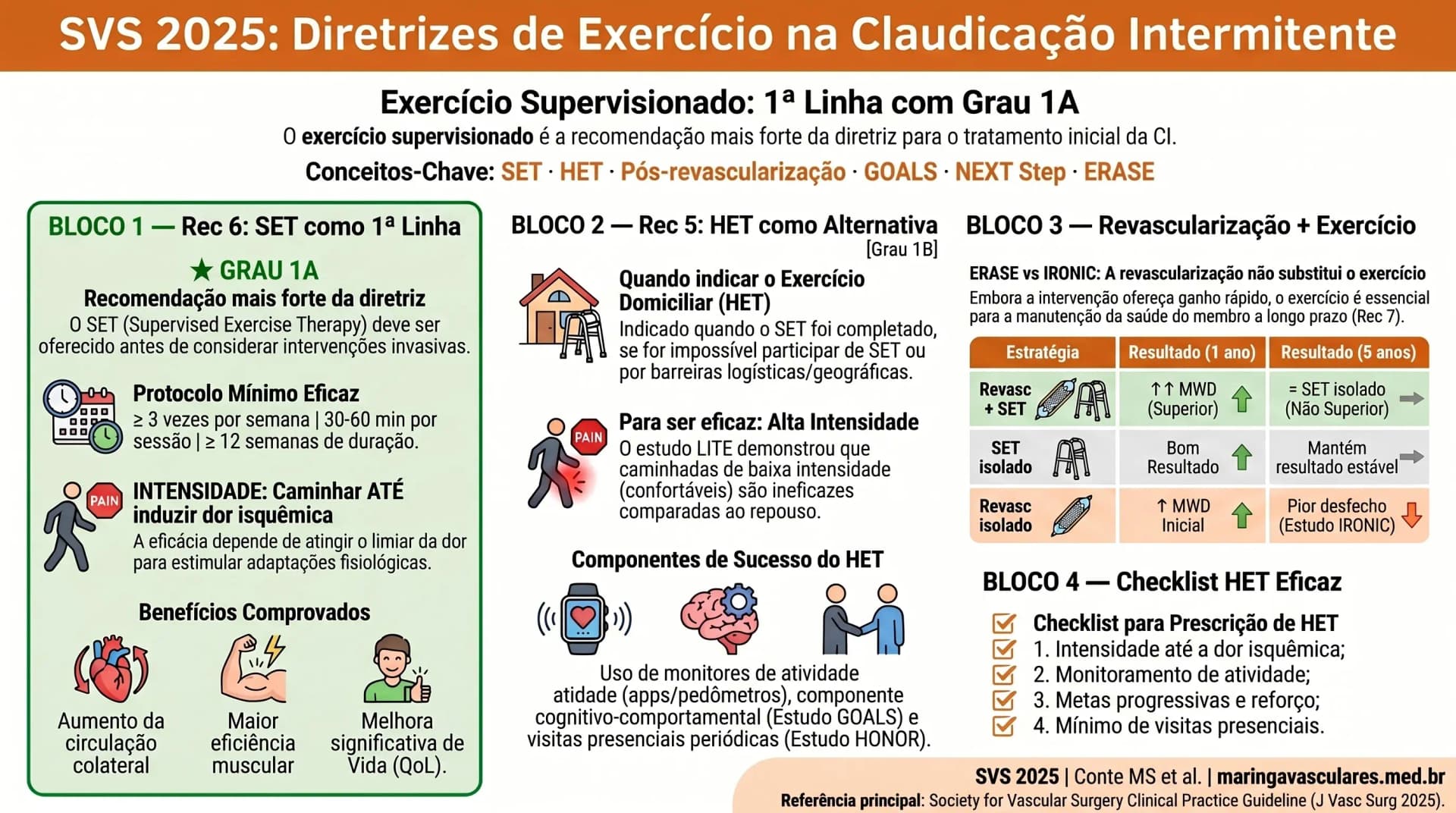 Infográfico: exercício supervisionado na claudicação intermitente — SET vs HET — SVS 2025