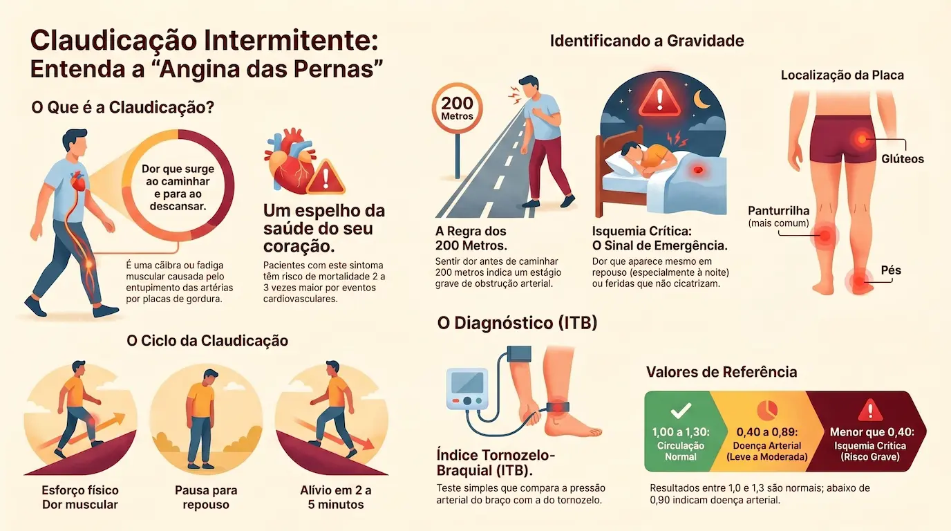 Guia sobre Claudicação Intermitente: infográfico com distância fixa de claudicação, escala de Fontaine, ITB e relação com risco cardiovascular