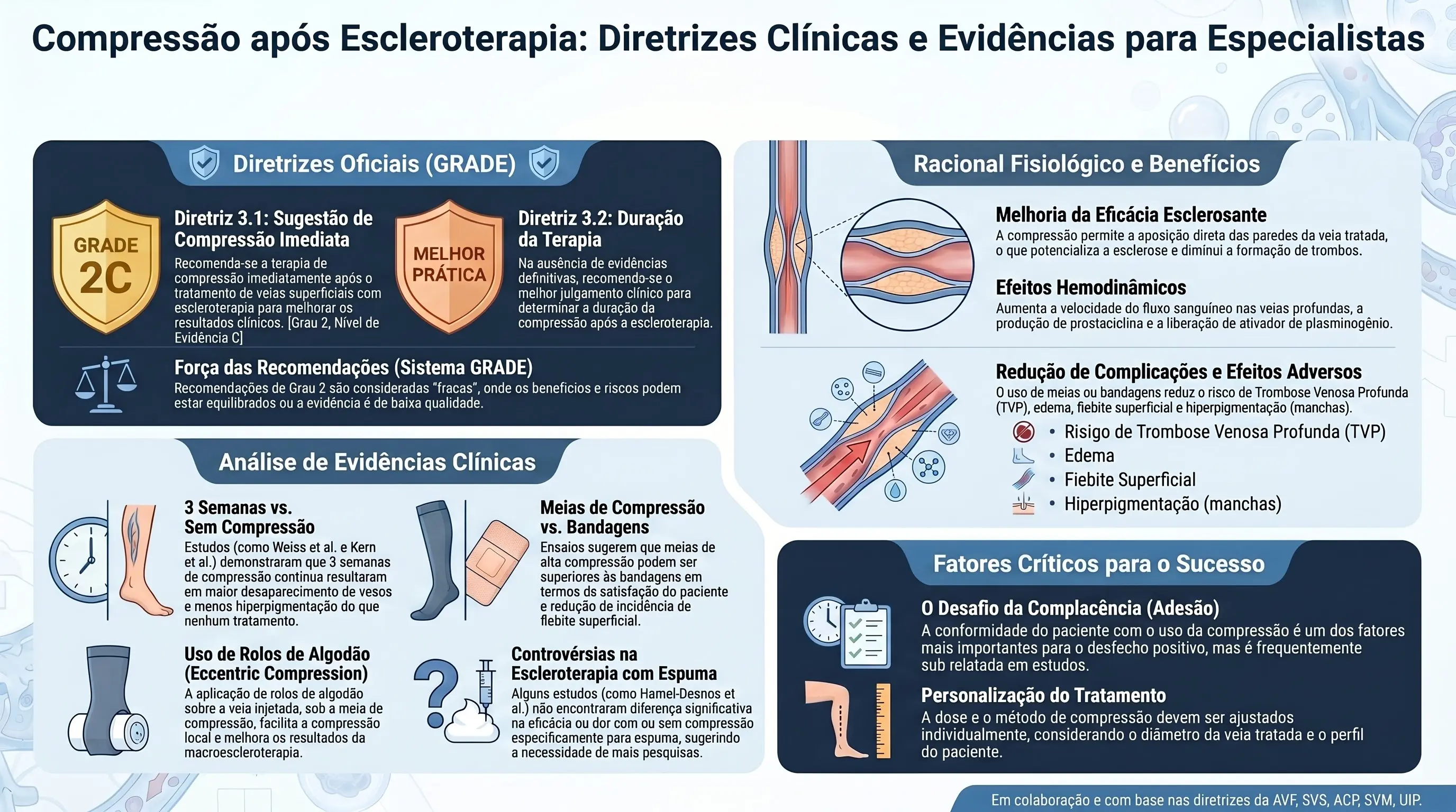 Infográfico: Compressão após Escleroterapia — Diretrizes Clínicas e Evidências para Especialistas. Mostra a Diretriz 3.1 (GRADE 2C — sugestão de compressão imediata após escleroterapia para melhorar resultados clínicos), a Diretriz 3.2 (Best Practice — duração determinada por julgamento clínico), a explicação do sistema GRADE (recomendações de Grau 2 são fracas, com benefícios e riscos equilibrados ou evidência de baixa qualidade), o racional fisiológico e benefícios (melhoria da eficácia esclerosante pela aposição das paredes da veia, efeitos hemodinâmicos como aumento do fluxo venoso profundo, produção de prostaciclina e liberação de ativador de plasminogênio, e redução de complicações como TVP, edema, flebite superficial e hiperpigmentação), a análise de evidências clínicas (3 semanas de compressão vs. sem compressão segundo Weiss et al. e Kern et al., meias de compressão vs. bandagens, uso de rolos de algodão como compressão excêntrica, e a controvérsia sobre escleroterapia com espuma segundo Hamel-Desnos et al.) e os fatores críticos para o sucesso (adesão/complacência do paciente e personalização do tratamento conforme o diâmetro da veia).
