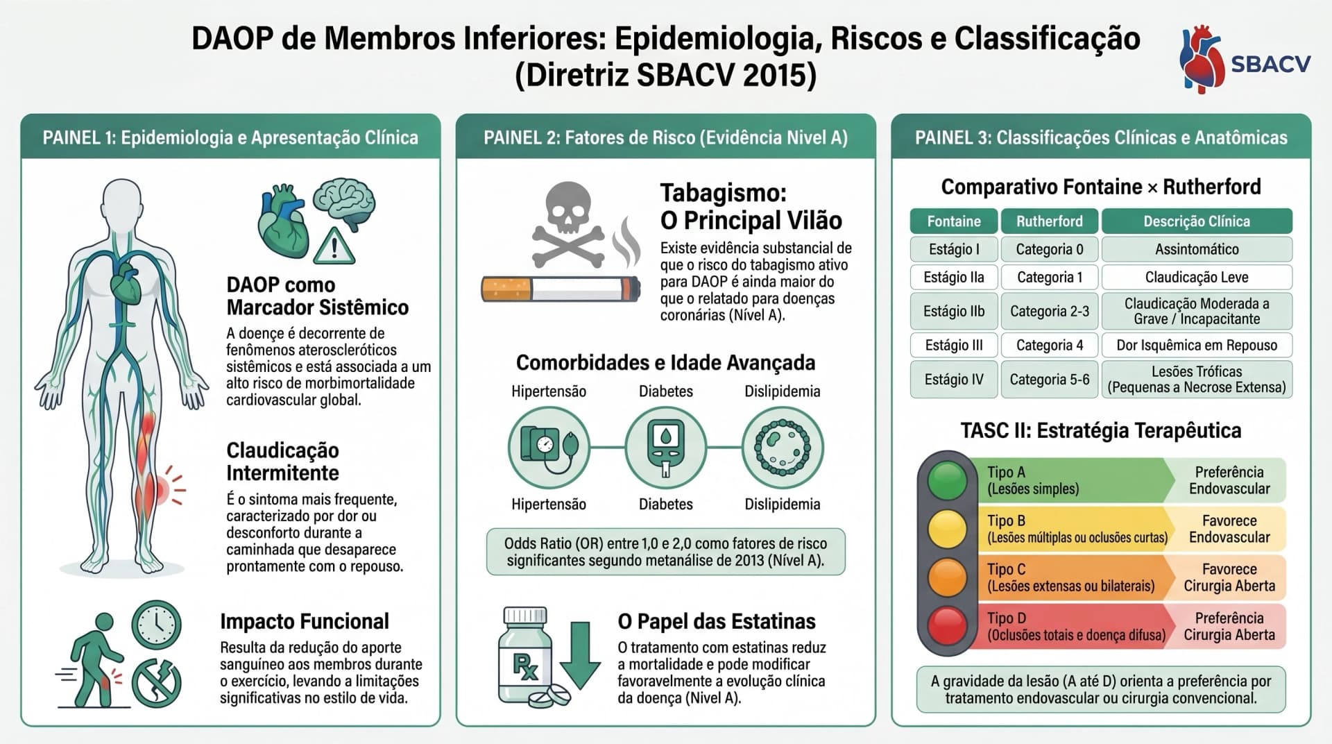 Infográfico SBACV 2015 — DAOP: Epidemiologia, Fatores de Risco e Classificação Fontaine/Rutherford/TASC II