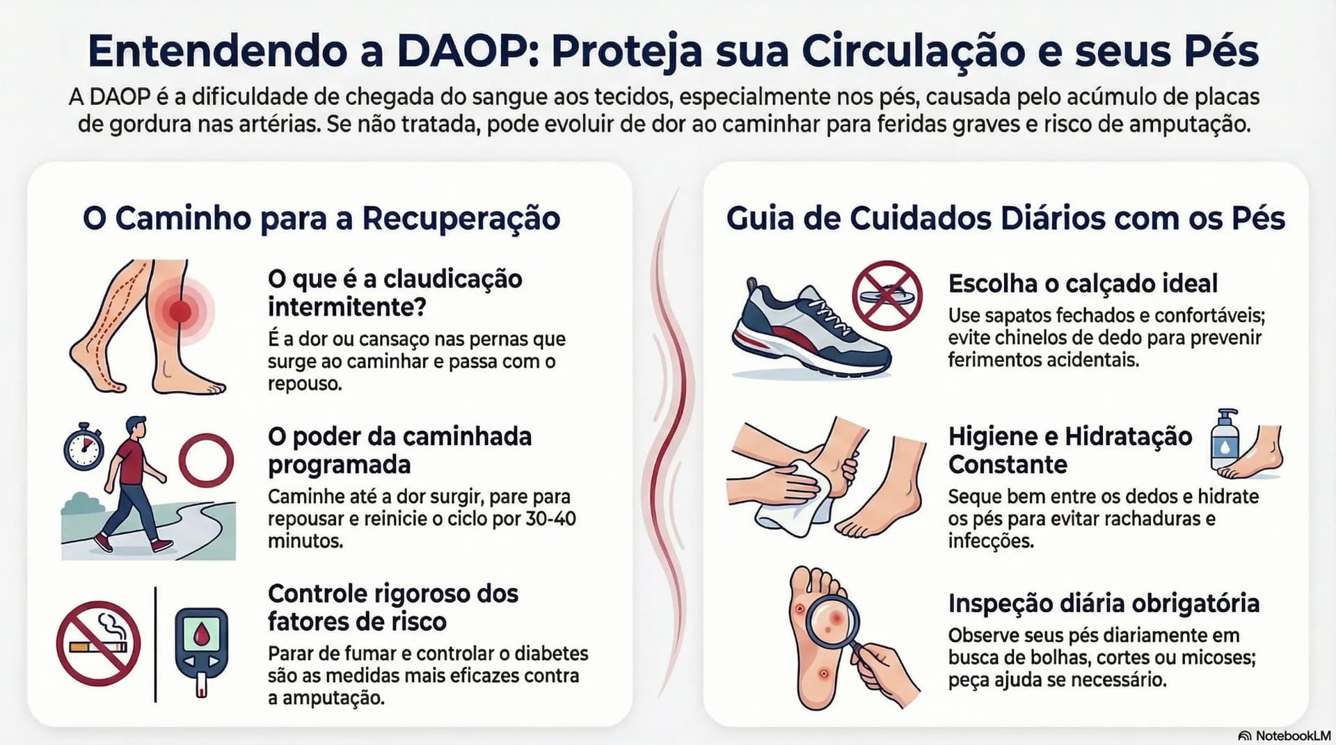 Infográfico sobre DAOP: claudicação intermitente, caminhada programada, controle de fatores de risco e cuidados diários com os pés