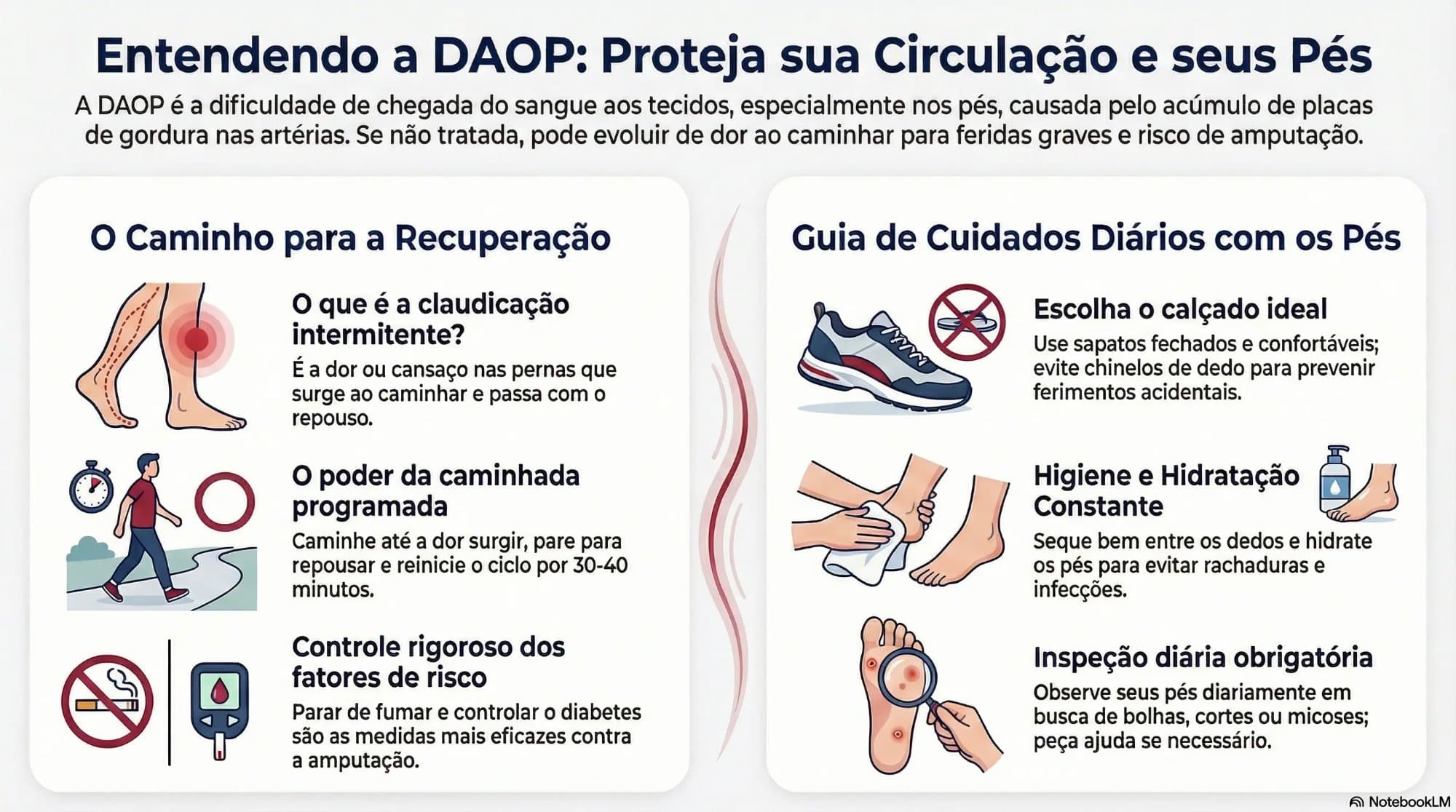 Infográfico sobre DAOP: claudicação intermitente, caminhada programada, controle de fatores de risco e cuidados diários com os pés