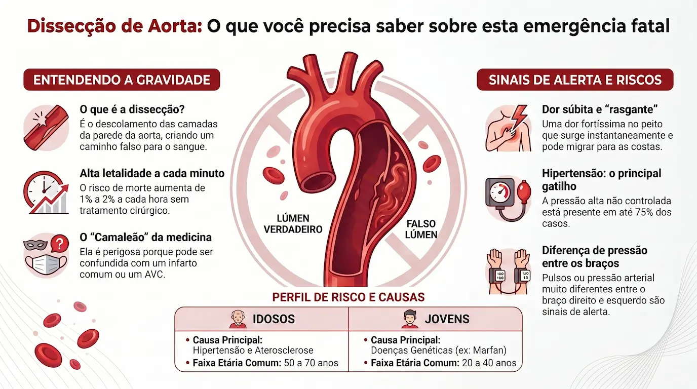 Infográfico: Dissecção de Aorta — descolamento das camadas da artéria, lúmen verdadeiro vs falso lúmen, dor rasgante que migra para as costas, diferença de pressão entre os braços e perfil de risco por idade