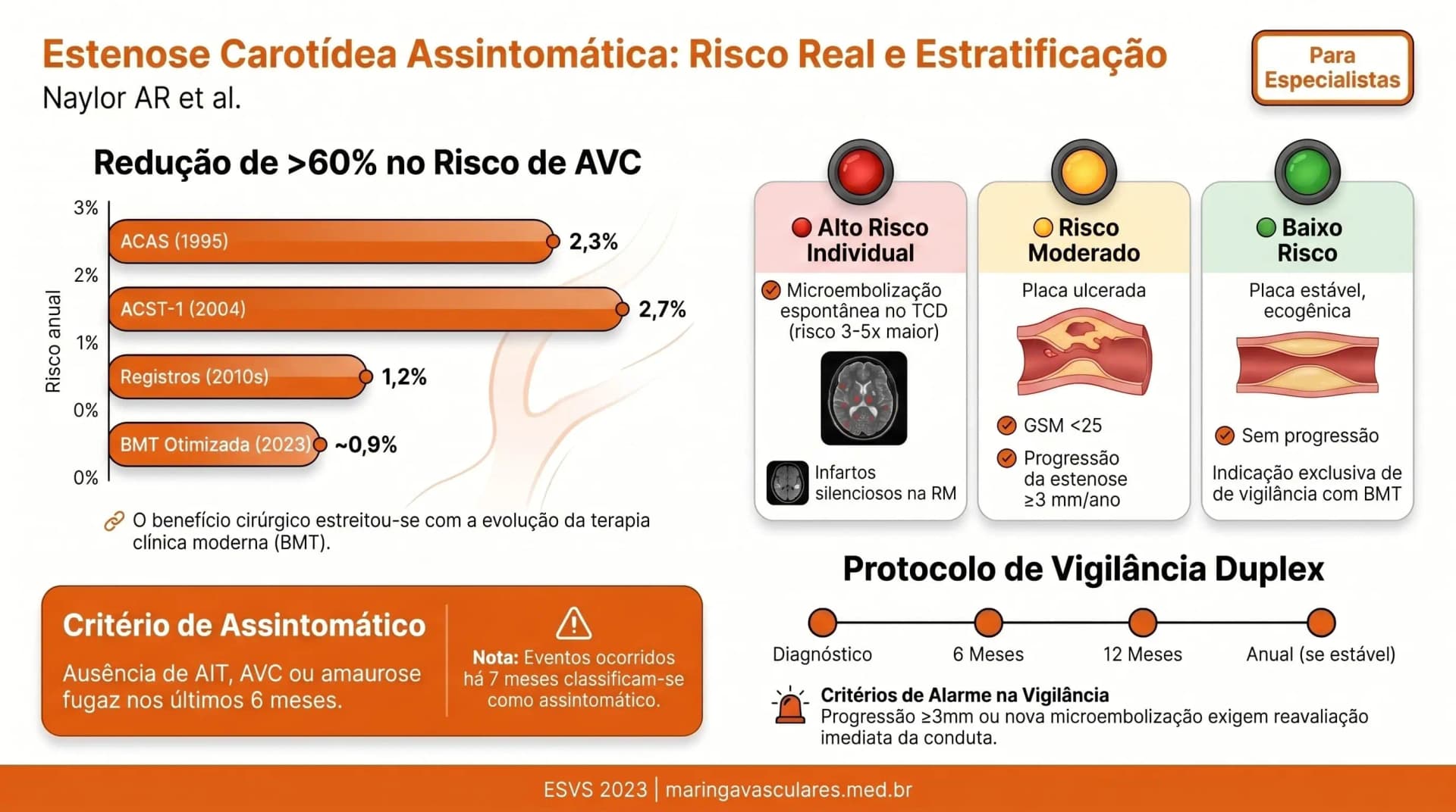 Infográfico: estenose carotídea assintomática — história natural e estratificação de risco — ESVS 2023