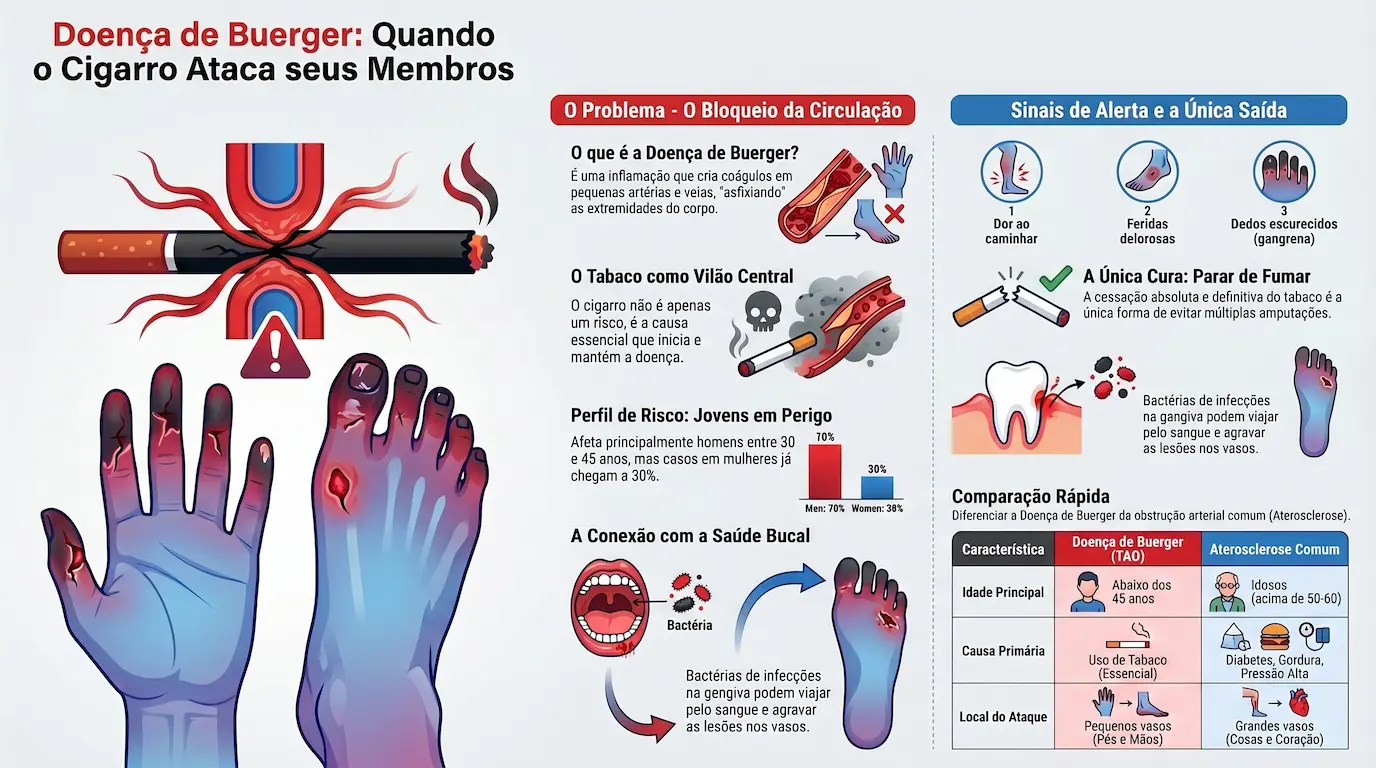 Infográfico: Doença de Buerger — bloqueio da circulação pelo cigarro, sinais de alerta (dor ao caminhar, feridas dolorosas, dedos escurecidos), conexão com a saúde bucal e tabela comparativa com a aterosclerose comum