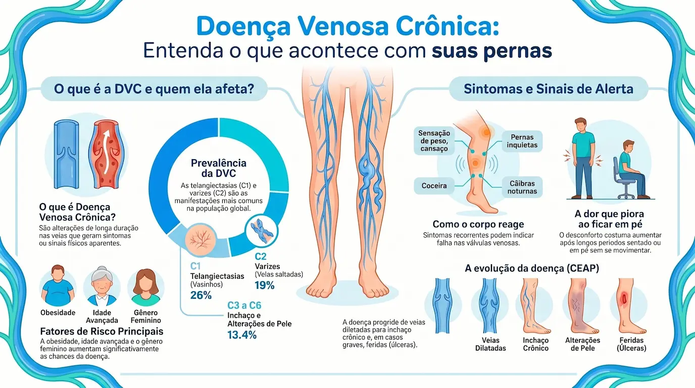 Infográfico: Doença Venosa Crônica — o que acontece com suas pernas, prevalência por estágio CEAP, fatores de risco e evolução da doença de veias dilatadas a úlceras