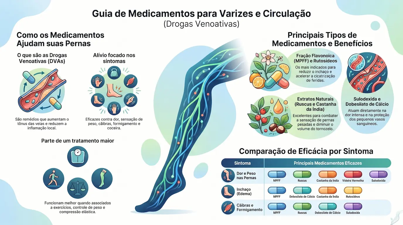 Infográfico: Guia de Medicamentos para Varizes e Circulação — comparação de eficácia das drogas venoativas (MPFF, Ruscus, Castanha-da-índia, Sulodexida, Dobesilato de Cálcio, Rutosídeos e Videira Vermelha) por sintoma: dor e peso nas pernas, inchaço e cãibras