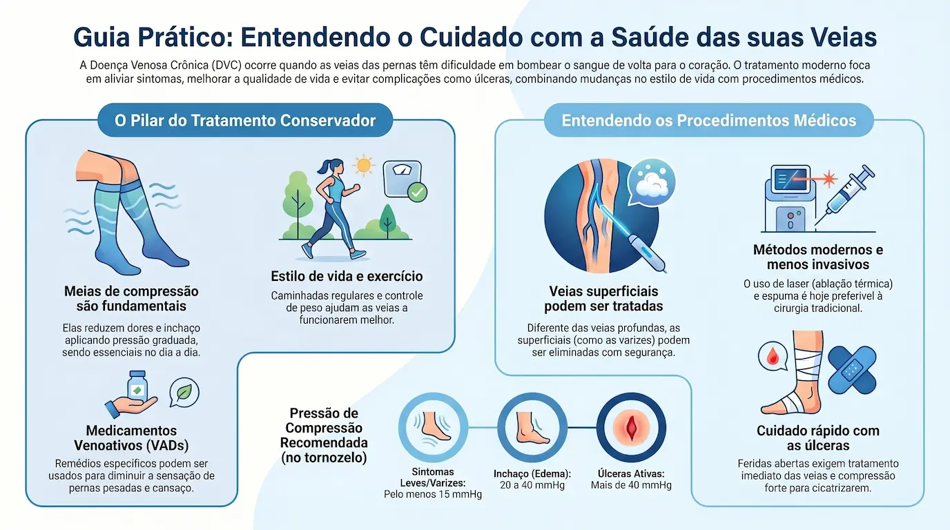Infográfico: Guia prático de cuidados com a saúde das veias — pilar do tratamento conservador com meias de compressão, exercício e estilo de vida, e procedimentos médicos modernos como laser e espuma para veias superficiais