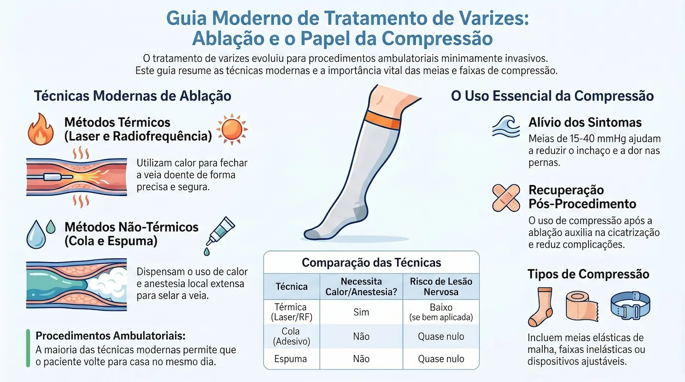 Infográfico: Guia moderno de tratamento de varizes — técnicas de ablação (métodos térmicos como laser e radiofrequência, e métodos não-térmicos como cola e espuma) e o papel essencial da compressão pós-procedimento, com tabela comparativa de necessidade de anestesia e risco de lesão nervosa