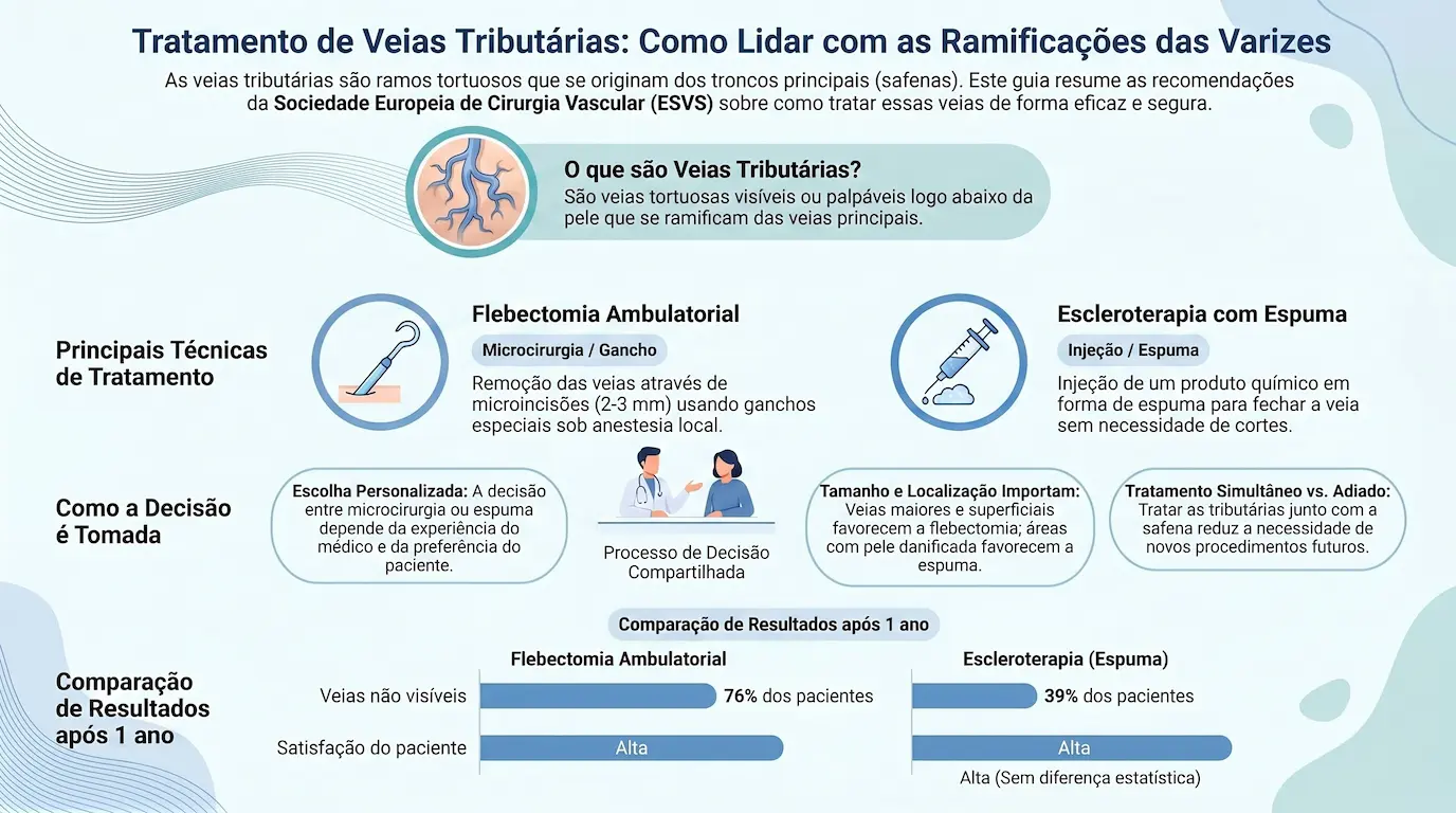 Infográfico: Tratamento de veias tributárias — comparação entre flebectomia ambulatorial (microcirurgia com gancho) e escleroterapia com espuma, processo de decisão compartilhada e resultados após 1 ano