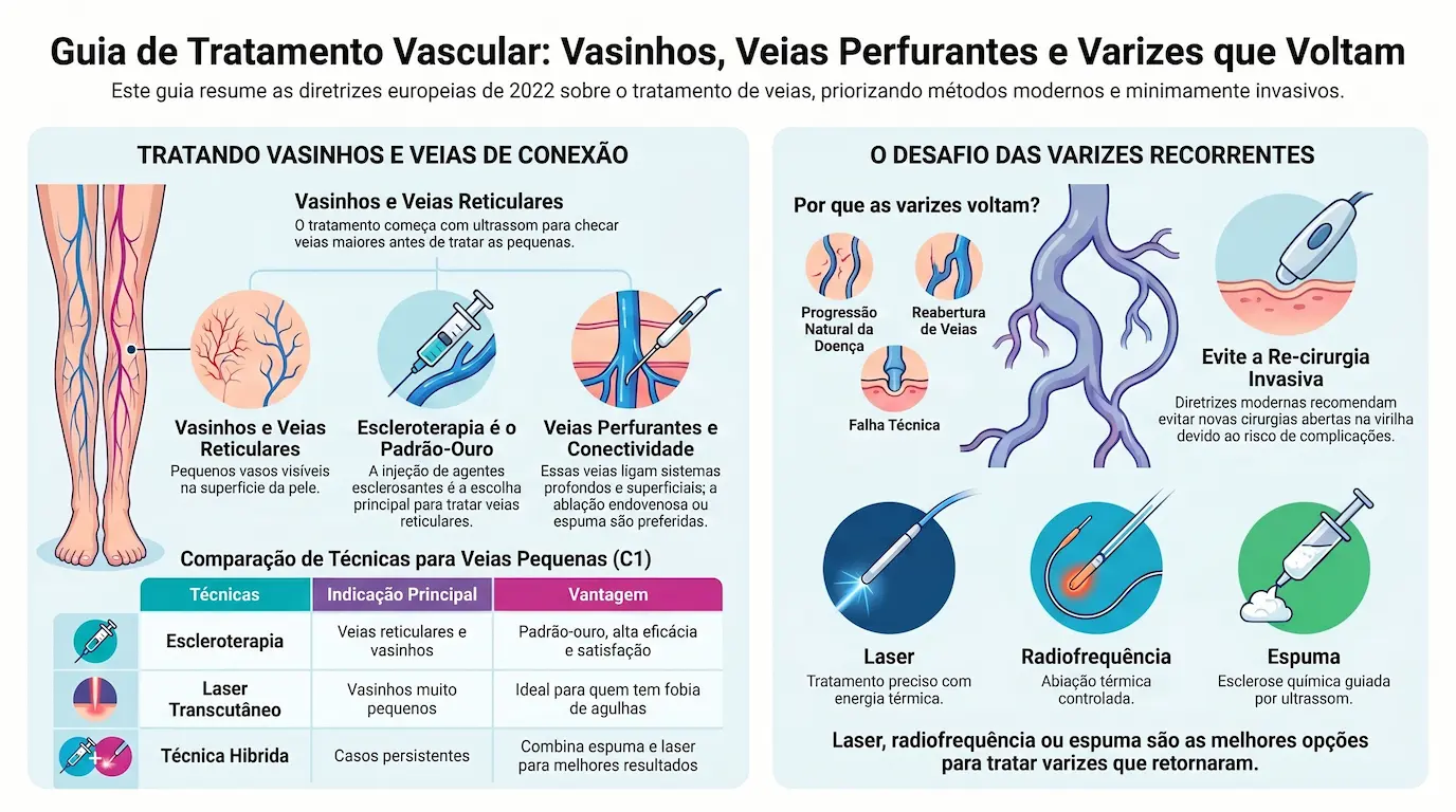 Infográfico: Guia de tratamento vascular — vasinhos, veias reticulares e perfurantes, comparação de técnicas para veias pequenas (escleroterapia, laser transcutâneo, técnica híbrida) e o desafio das varizes recorrentes (recanalização, neovascularização, falha técnica) com laser, radiofrequência e espuma como melhores opções