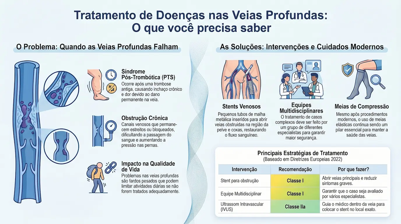 Infográfico: Tratamento de Doenças nas Veias Profundas — Síndrome Pós-Trombótica, obstrução crônica, critérios para stent venoso, IVUS, equipe multidisciplinar e meias de compressão, segundo as Diretrizes ESVS 2022