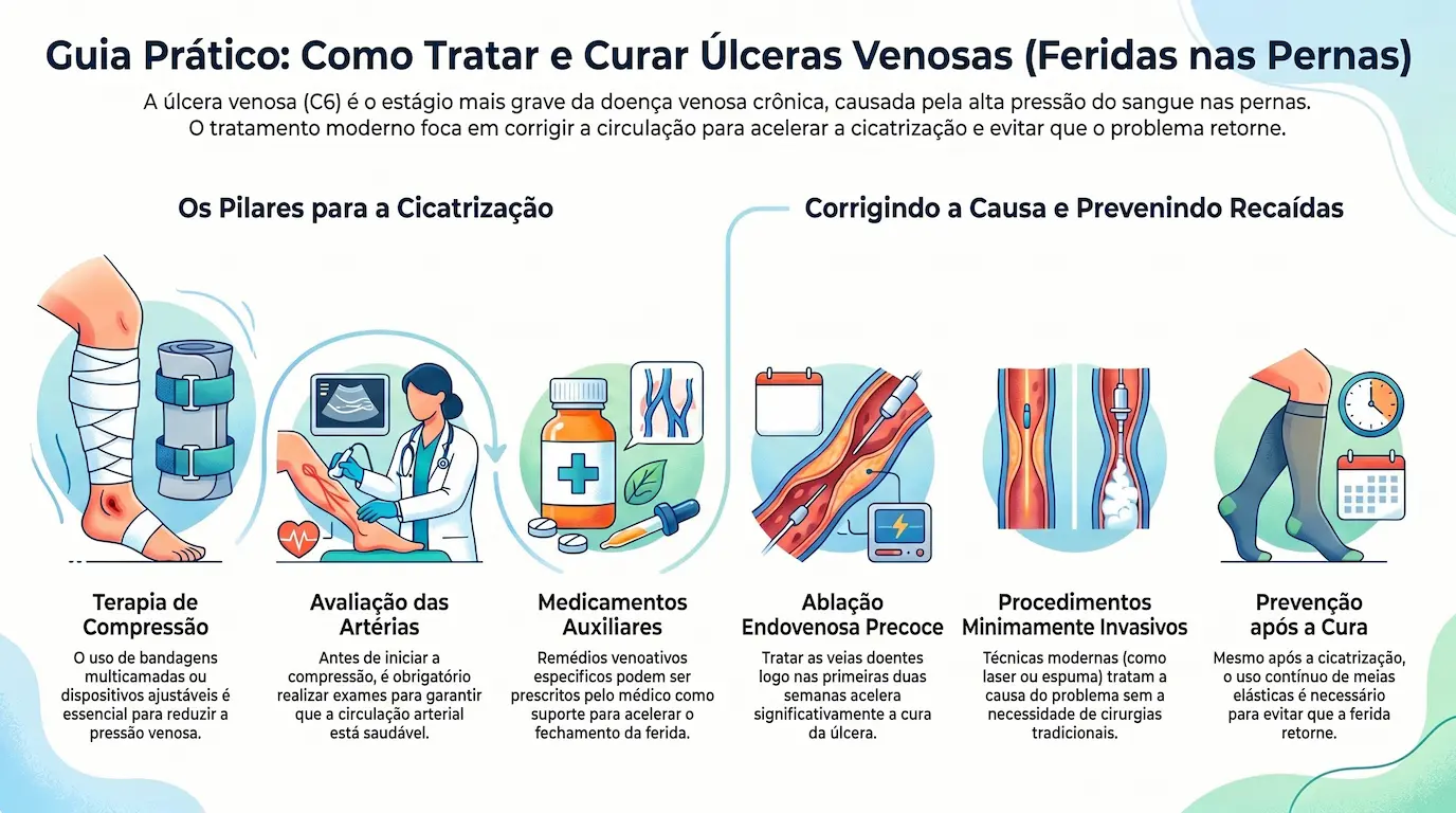 Infográfico: Guia Prático — Como Tratar e Curar Úlceras Venosas. Pilares da cicatrização (terapia de compressão, avaliação das artérias, medicamentos auxiliares) e correção da causa para prevenir recaídas (ablação endovenosa precoce, procedimentos minimamente invasivos, prevenção após a cura)