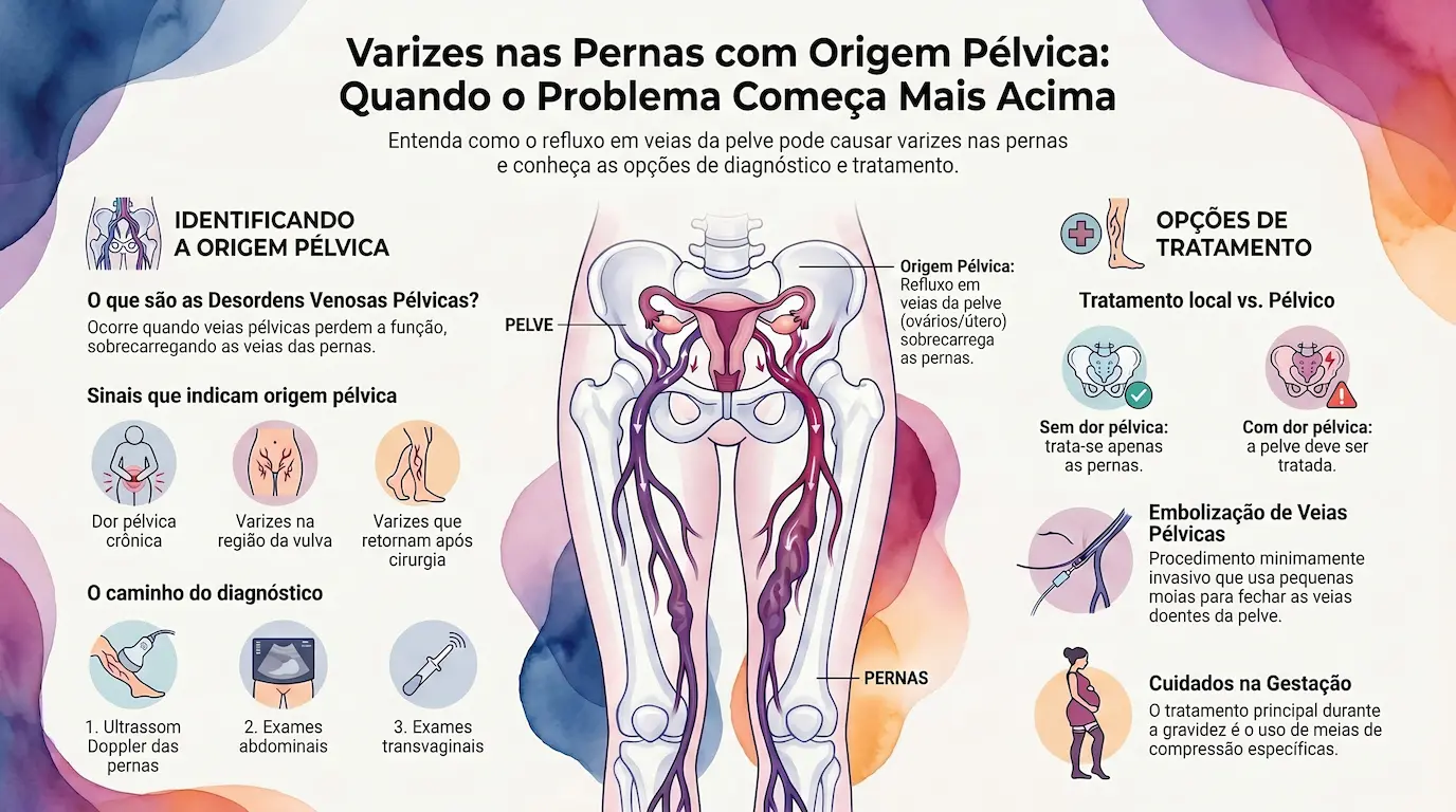 Infográfico: Varizes nas Pernas com Origem Pélvica — sinais que indicam origem pélvica (dor pélvica crônica, varizes na vulva, varizes que retornam após cirurgia), o caminho do diagnóstico (Doppler das pernas, exames abdominais e transvaginais) e opções de tratamento (tratamento local vs. pélvico, embolização de veias pélvicas e cuidados na gestação)