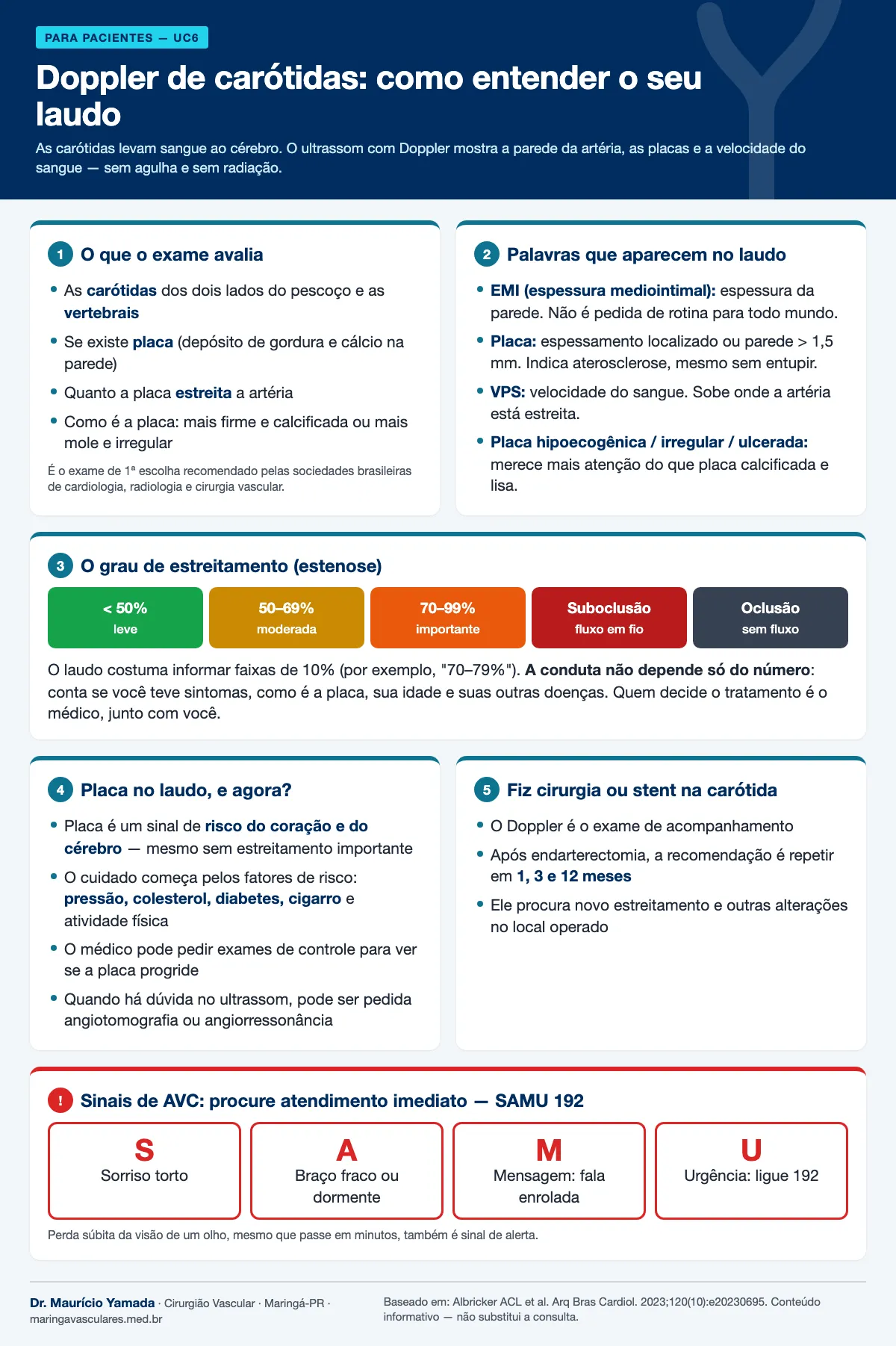 Infográfico: o que o Doppler de carótidas avalia, palavras do laudo, grau de estreitamento e sinais de AVC