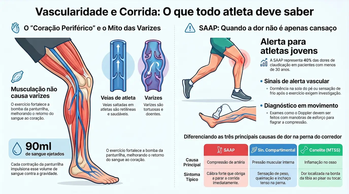 Infográfico: Vascularidade e Corrida — bomba da panturrilha 90ml por contração, veias de atleta vs varizes, SAAP em atletas jovens, tabela comparativa SAAP vs síndrome compartimental vs canelite