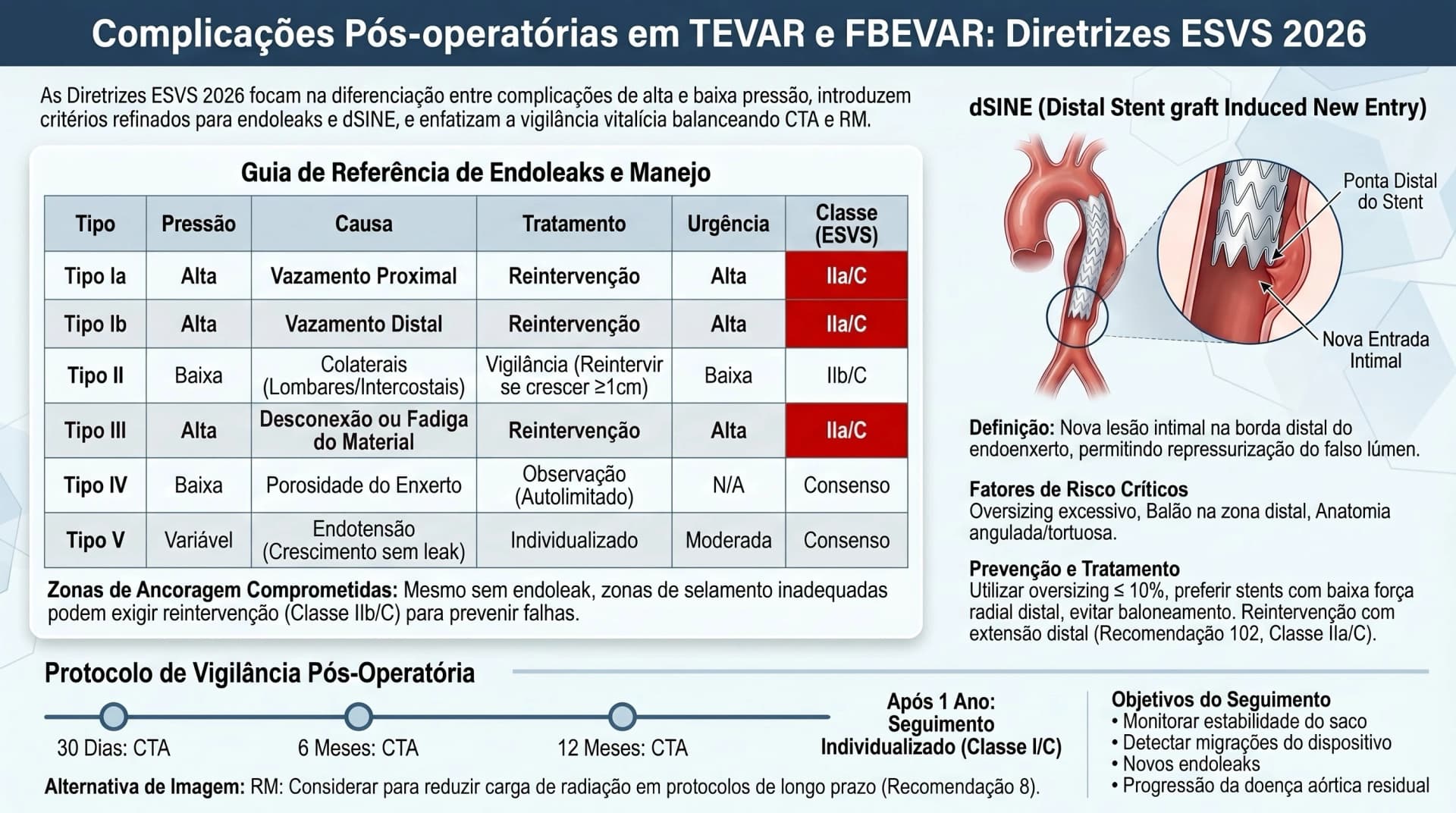 Infográfico ESVS 2026 — Complicações Pós-Operatórias: Endoleaks e dSINE