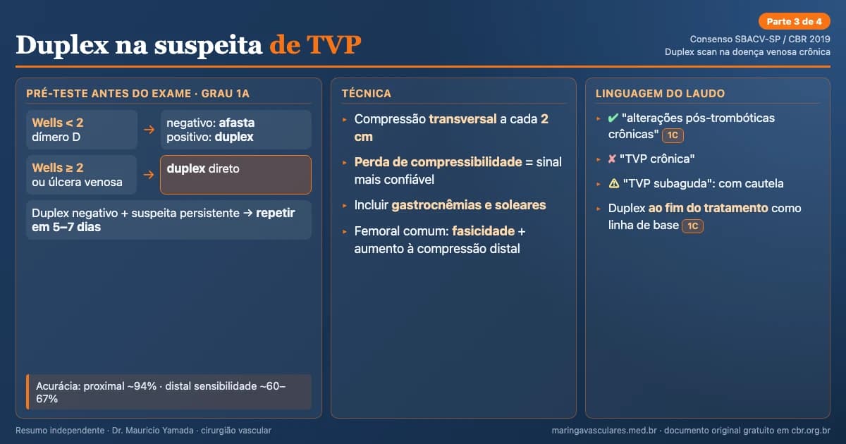 Infográfico: duplex venoso na suspeita de trombose venosa profunda segundo o Consenso SBACV-SP/CBR 2019. Algoritmo com escore de Wells e dímero D, compressão transversal a cada 2 centímetros, perda de compressibilidade como sinal mais confiável, avaliação das veias musculares da panturrilha e terminologia recomendada: alterações pós-trombóticas crônicas.