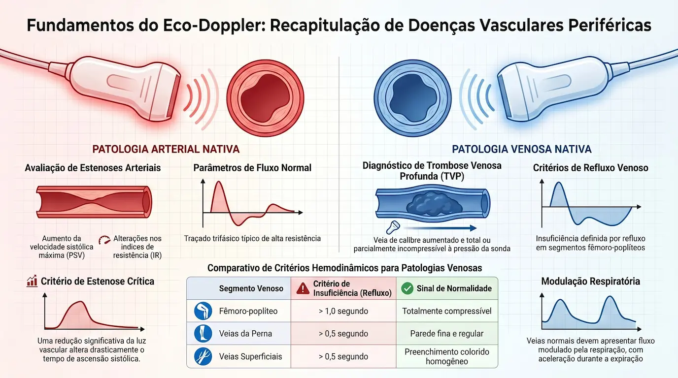 Infográfico: Fundamentos do Eco-Doppler — Recapitulação de Doenças Vasculares Periféricas, com critérios de avaliação de estenoses arteriais, diagnóstico de TVP e refluxo venoso