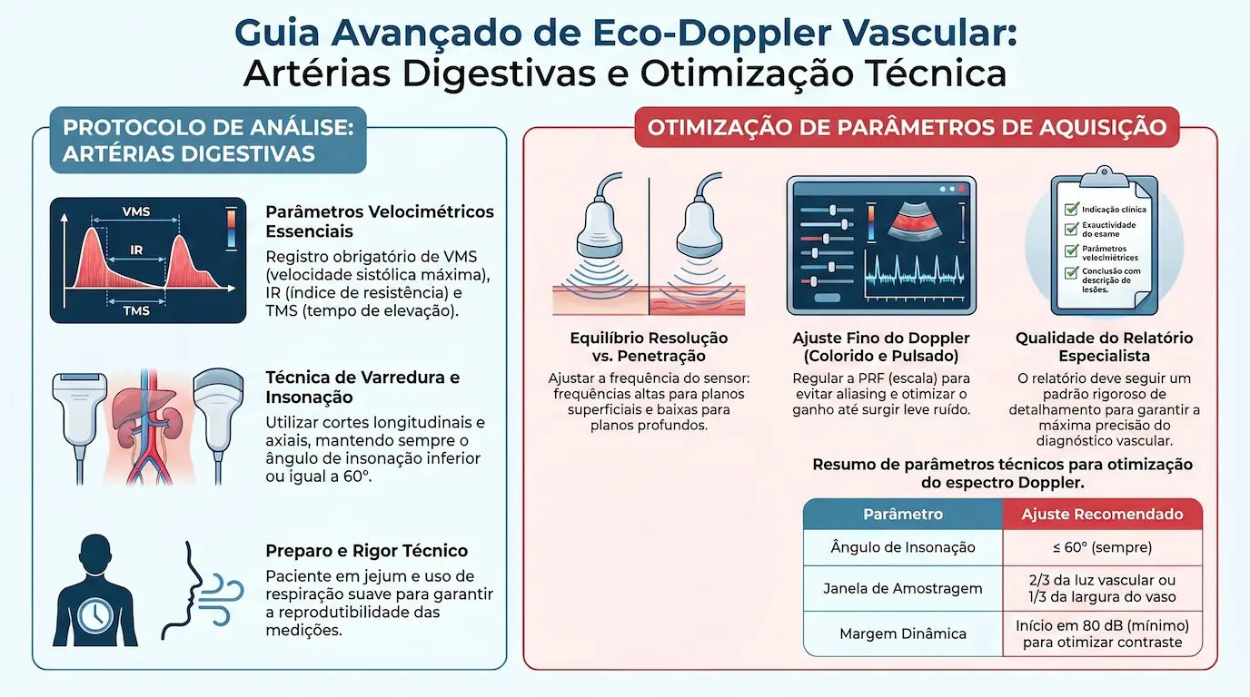Infográfico: Guia Avançado de Eco-Doppler Vascular — Artérias Digestivas e Otimização Técnica (Capítulo 10). Protocolo de análise (parâmetros velocimétricos VMS, IR e TMS, técnica de varredura e insonação, preparo e rigor técnico) e otimização de parâmetros de aquisição (equilíbrio resolução versus penetração, ajuste fino do Doppler colorido e pulsado, qualidade do relatório especialista, resumo de parâmetros técnicos)