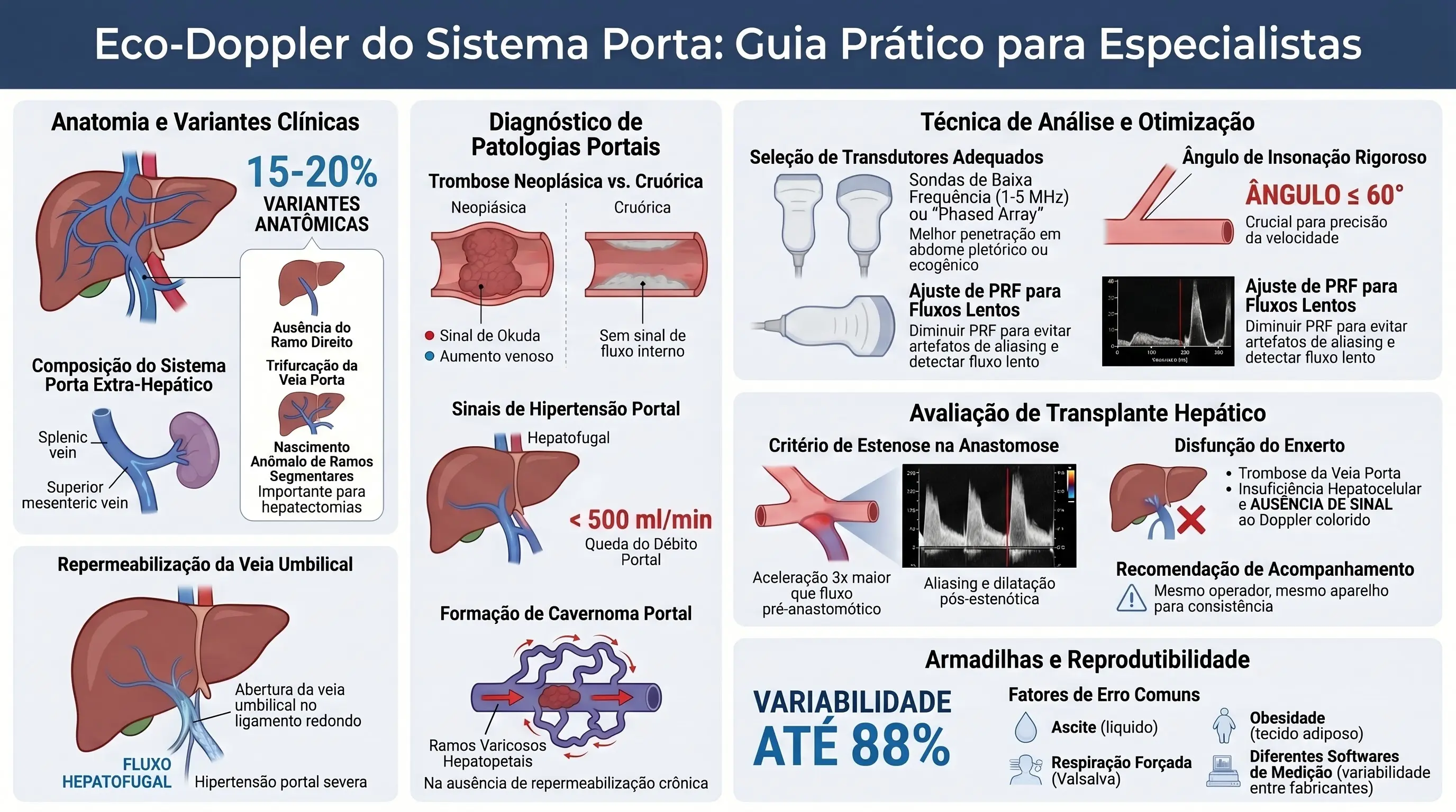Infográfico: Eco-Doppler do Sistema Porta — Guia Prático para Especialistas (Capítulo 11). Anatomia e variantes clínicas (variantes anatômicas, composição do sistema porta extra-hepático, repermeabilização da veia umbilical), diagnóstico de patologias portais (trombose neoplásica versus cruórica, sinais de hipertensão portal, formação de cavernoma portal), técnica de análise e otimização (seleção de transdutores, ângulo de insonação, ajuste de PRF), avaliação de transplante hepático e armadilhas de reprodutibilidade