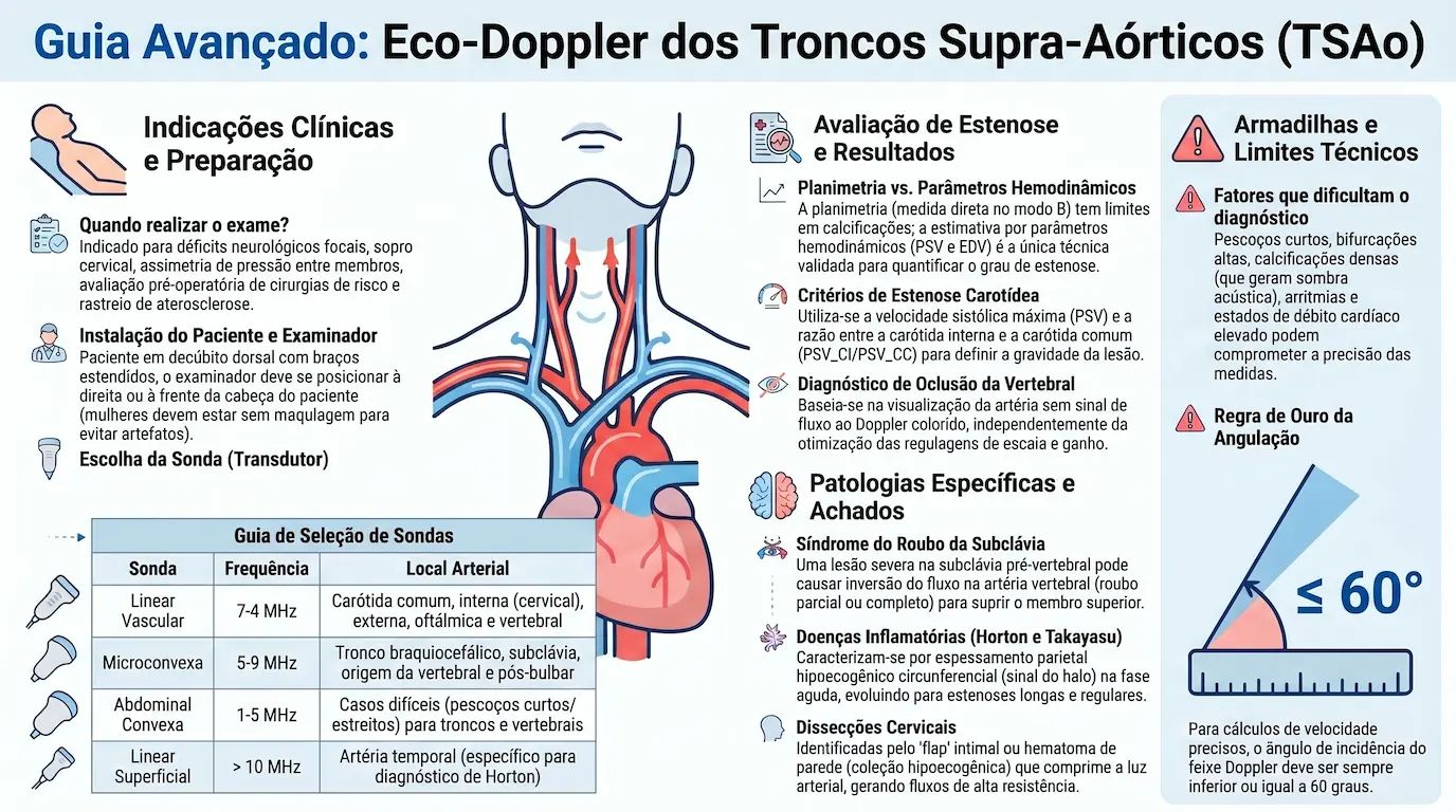 Infográfico: Guia Avançado de Eco-Doppler dos Troncos Supra-Aórticos (TSAo) — indicações clínicas, seleção de sondas, critérios de estenose carotídea e vertebral, síndrome do roubo da subclávia e regra da angulação menor ou igual a 60 graus