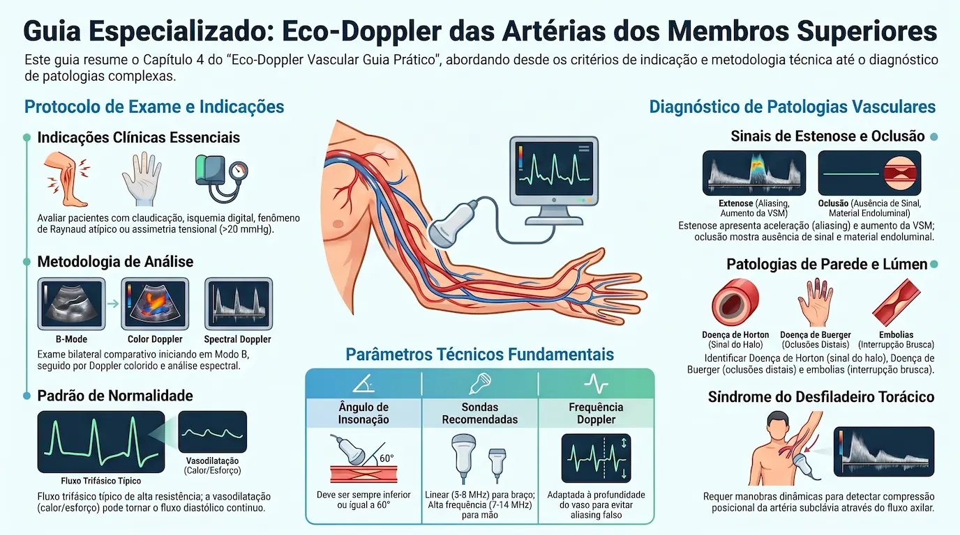 Infográfico: Guia Especializado — Eco-Doppler das Artérias dos Membros Superiores. Protocolo de exame e indicações clínicas (claudicação, isquemia digital, assimetria tensional), metodologia de análise em Modo B, Doppler colorido e espectral, padrão de normalidade com fluxo trifásico de alta resistência, parâmetros técnicos fundamentais (ângulo de insonação ≤60°, sondas recomendadas e frequência Doppler) e diagnóstico diferencial de patologias vasculares: estenose, oclusão, Doença de Horton, Doença de Buerger, embolias e Síndrome do Desfiladeiro Torácico