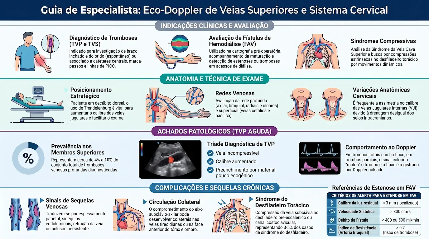 Infográfico: Guia de Especialista — Eco-Doppler de Veias Superiores e Sistema Cervical. Indicações clínicas (diagnóstico de TVP e TVS, avaliação de fístulas de hemodiálise, síndromes compressivas), anatomia e técnica de exame (posicionamento estratégico, redes venosas profunda e superficial, variações anatômicas cervicais), achados patológicos na TVP aguda (tríade diagnóstica: veia incompressível, calibre aumentado, material pouco ecogênico), complicações e sequelas crônicas, e critérios de alerta para estenose em fístulas arteriovenosas (FAV)