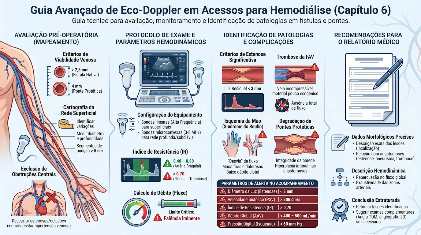 Infográfico: Guia Avançado de Eco-Doppler em Acessos para Hemodiálise (Capítulo 6). Mapeamento pré-operatório (critérios de viabilidade venosa, cartografia da rede superficial, exclusão de obstruções centrais), técnica de otimização do exame (Modo B, Doppler Colorido, Doppler Pulsado, ajuste de PRF), dinâmica de maturação e Índice de Resistência (0,40-0,60 normal, >0,70 risco de trombose), diagnóstico diferencial entre trombose e oclusão, e parâmetros de alerta no acompanhamento (diâmetro, PSV, IR, débito e pressão digital)
