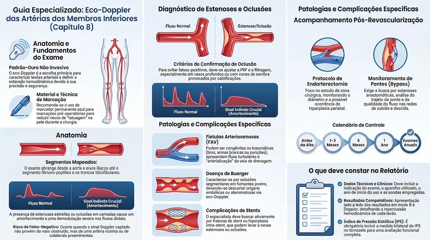 Infográfico: Guia Especializado — Eco-Doppler das Artérias dos Membros Inferiores (Capítulo 8). Anatomia e fundamentos do exame (padrão-ouro não invasivo, material e técnica de marcação pré-operatória), diagnóstico de estenoses e oclusões (critérios de confirmação, sinal indireto de amortecimento), patologias e complicações específicas (fístulas arteriovenosas, Doença de Buerger, complicações de stents), acompanhamento pós-revascularização (endarterectomia, pontes/bypass, calendário de controle) e o que deve constar no relatório (índice de pressão sistólica/ITB)