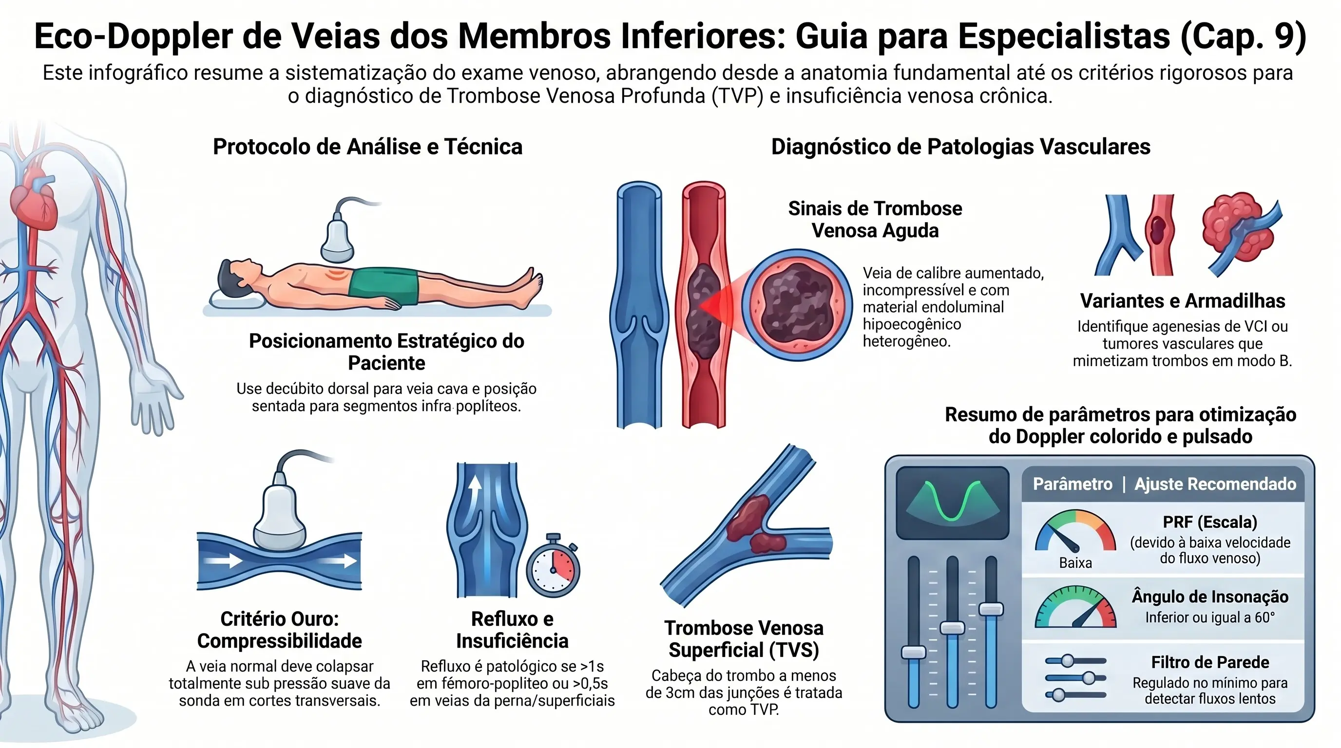 Infográfico: Eco-Doppler de Veias dos Membros Inferiores — Guia para Especialistas (Capítulo 9). Protocolo de análise e técnica (posicionamento estratégico do paciente, critério-ouro da compressibilidade, refluxo e insuficiência, trombose venosa superficial) e diagnóstico de patologias vasculares (sinais de trombose venosa aguda, variantes e armadilhas, resumo de parâmetros para otimização do Doppler colorido e pulsado)
