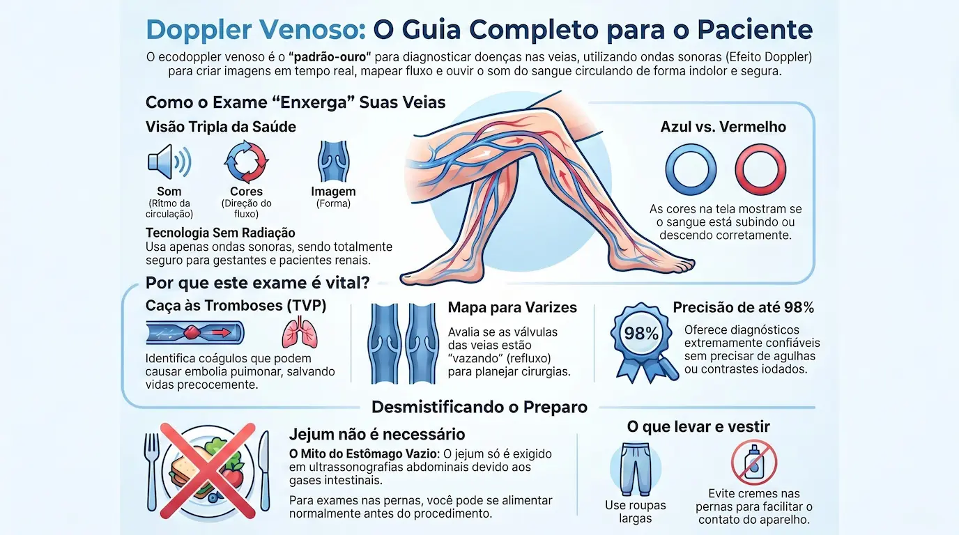 Doppler Venoso: visão tripla (som, cores, imagem), azul vs vermelho, precisão de 98%, preparo sem jejum